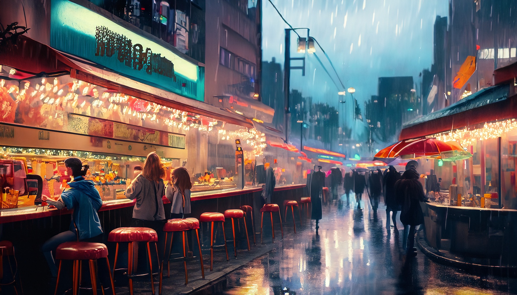 General 1792x1024 AI art neon rain Noodle Bar dusk sitting stools city building digital art reflection umbrella lights