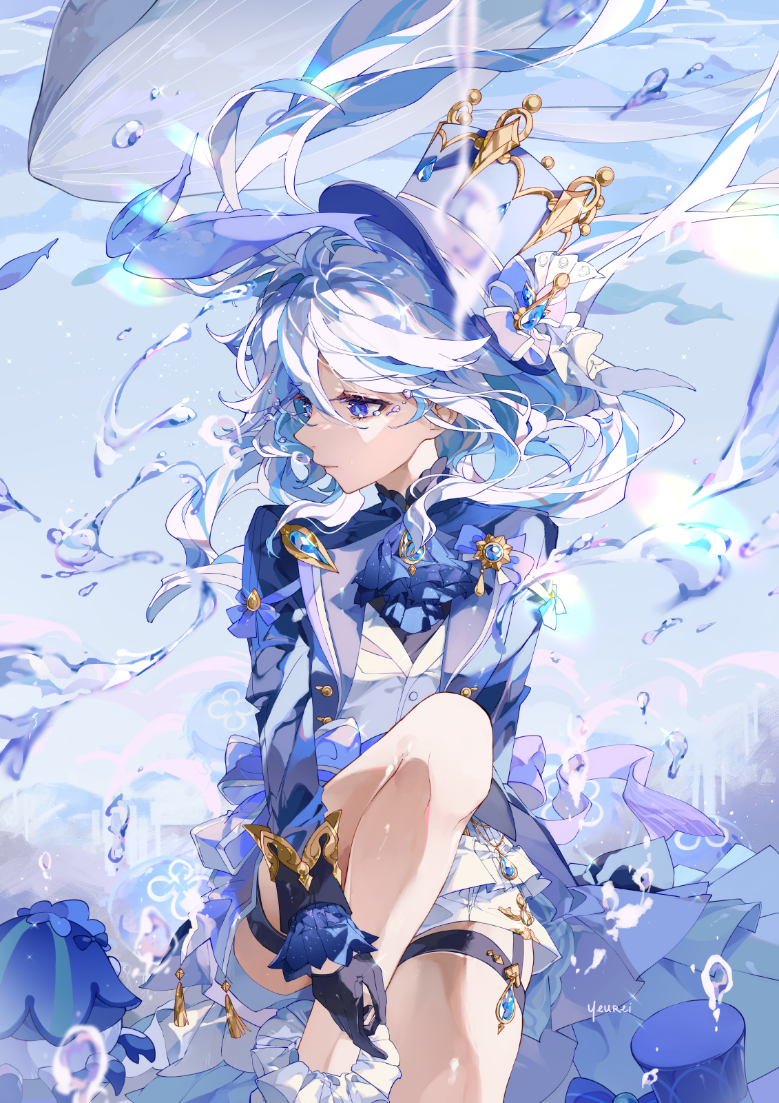 Anime 1131x1600 Genshin Impact artwork Furina (Genshin Impact) anime anime girls white hair blue eyes hat crown tears crying woman crying water garter (cloth) suite portrait display YEUREI looking away signature water drops long hair closed mouth
