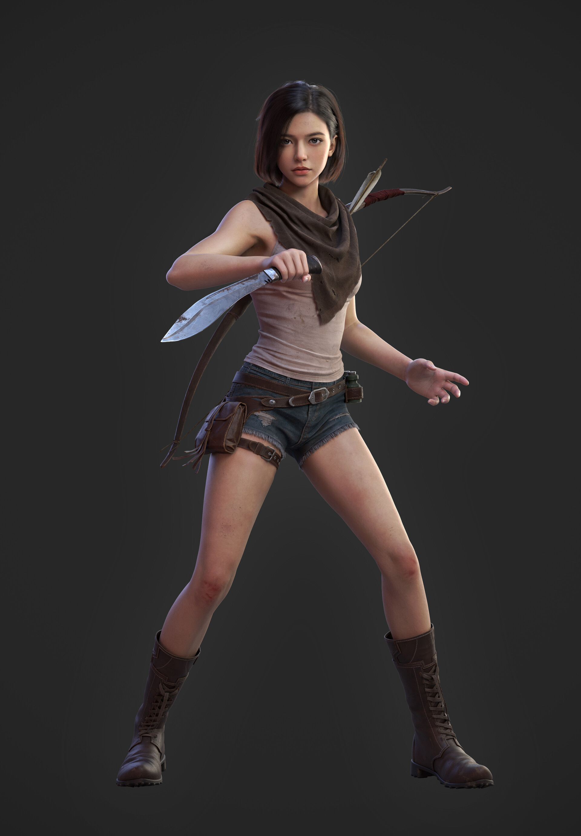 General 1920x2761 Yi Jiang CGI women hunters simple background machete minimalism digital art scarf boots bow arrows looking at viewer standing short hair closed mouth shorts bow and arrow