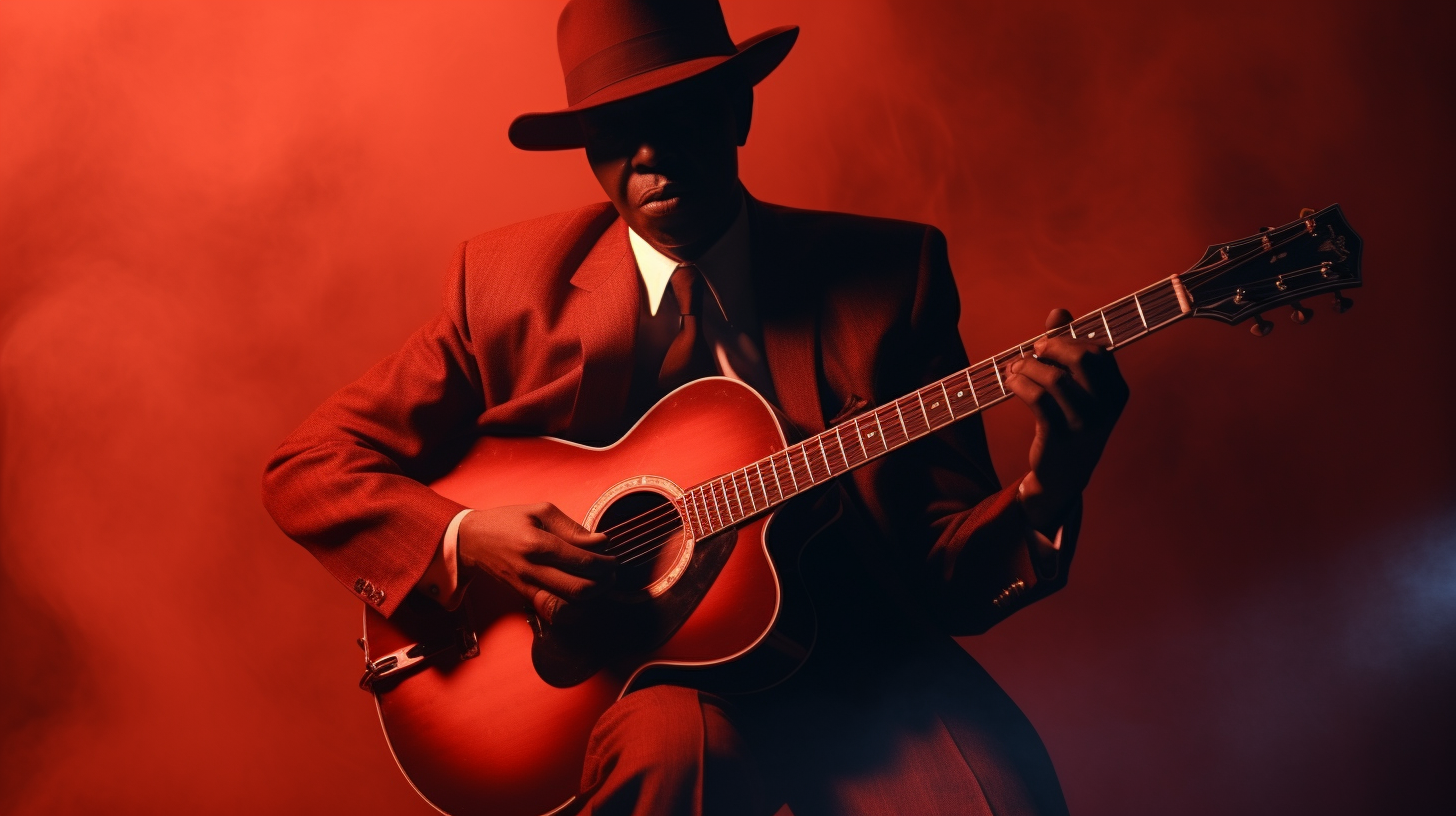 General 1456x816 Robert Johnson AI art simple background red background guitar minimalism suit and tie musical instrument hat playing digital art sitting red blues music musician