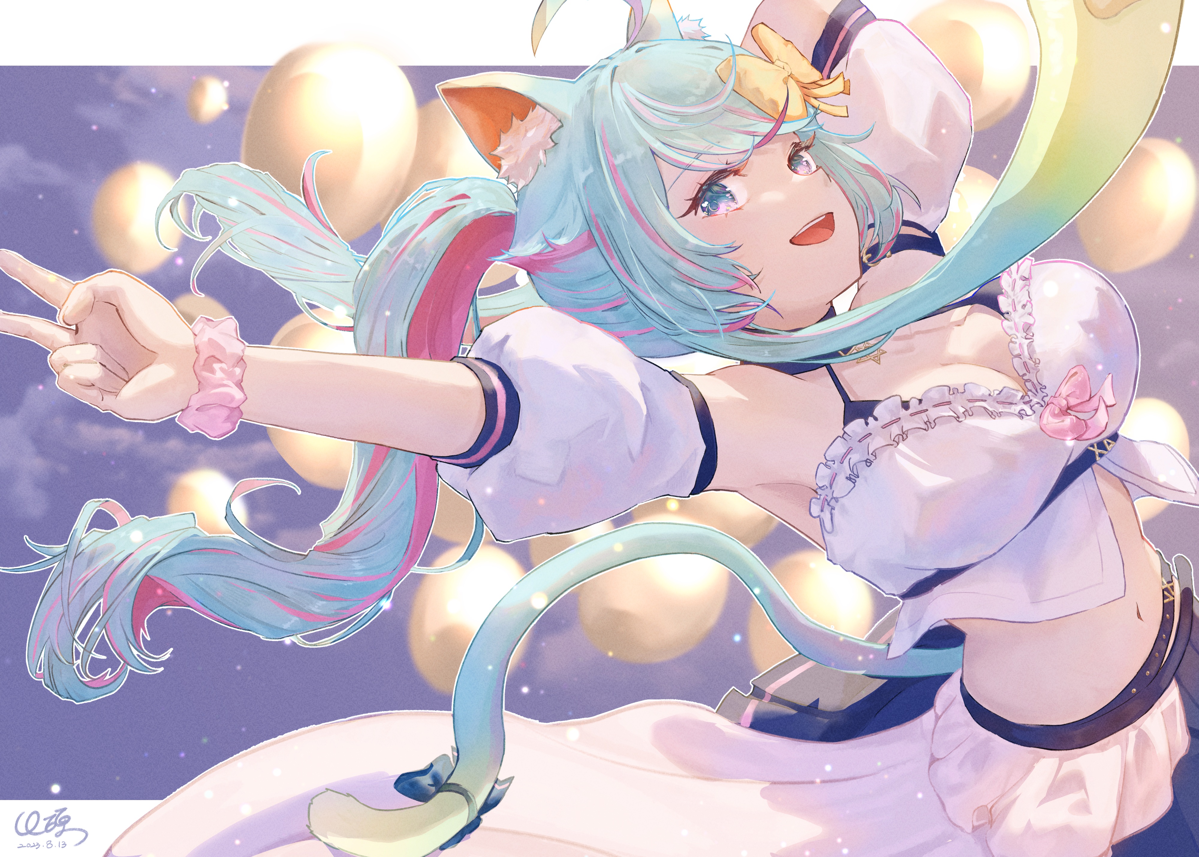 Anime 4000x2859 anime anime girls two tone hair twintails cat girl cat ears cat tail signature looking at viewer cleavage armpits bow tie balloon long hair belly button peace sign