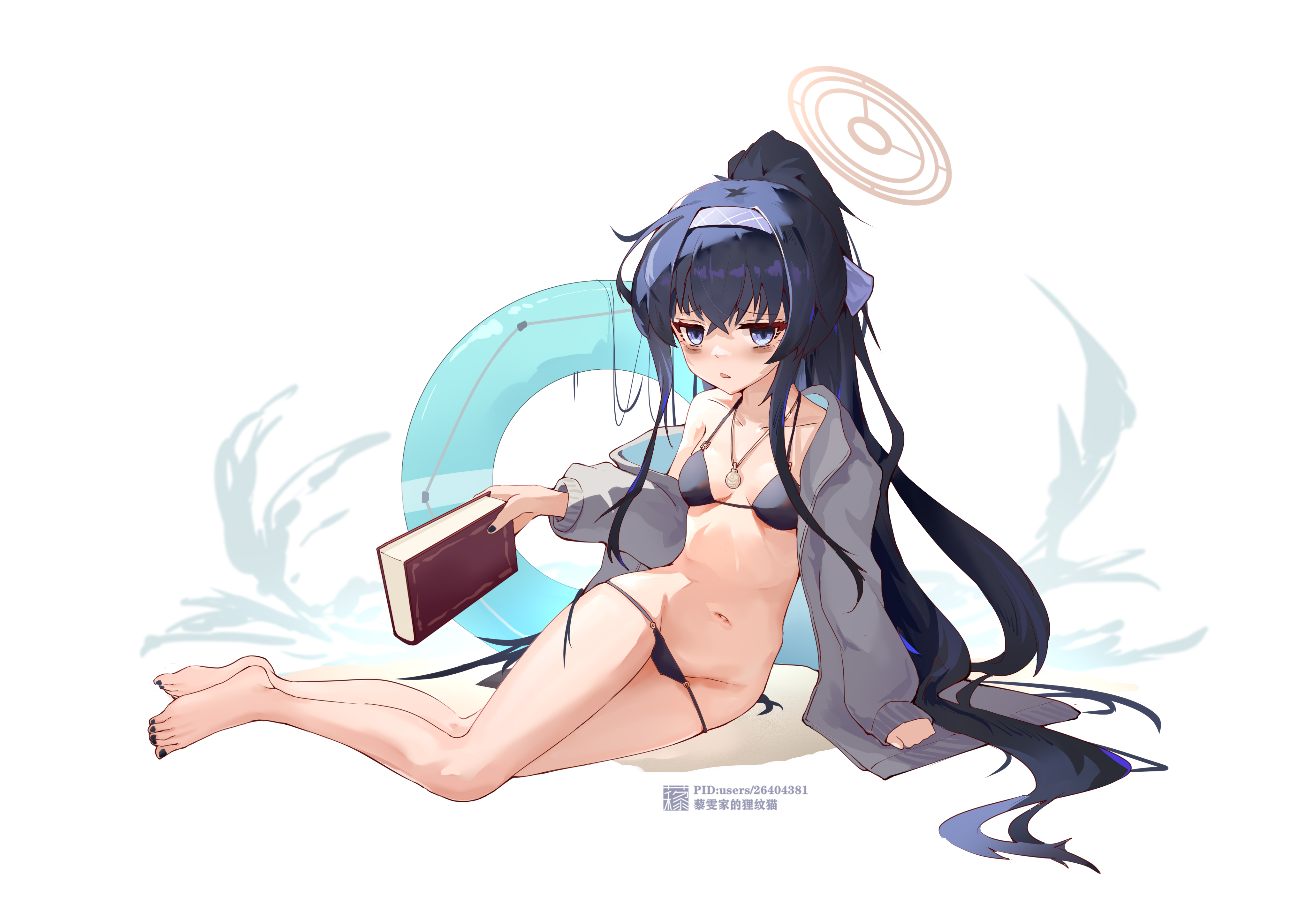 Anime 4093x2894 anime Pixiv bikini necklace long hair ponytail white background minimalism tired crotch floss books feet looking at viewer Ui (Blue Archive) floater anime girls watermarked simple background jacket long sleeves liwenmao213
