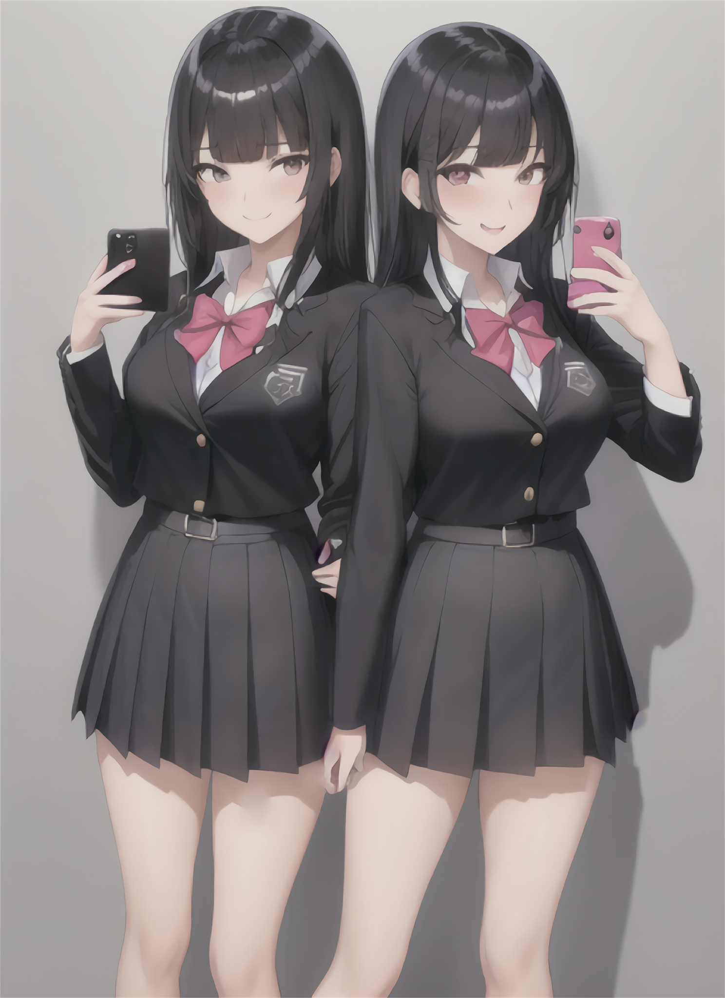 Anime 1488x2048 anime anime girls AI art schoolgirl school uniform solo long hair black hair two women twins original characters artwork digital art