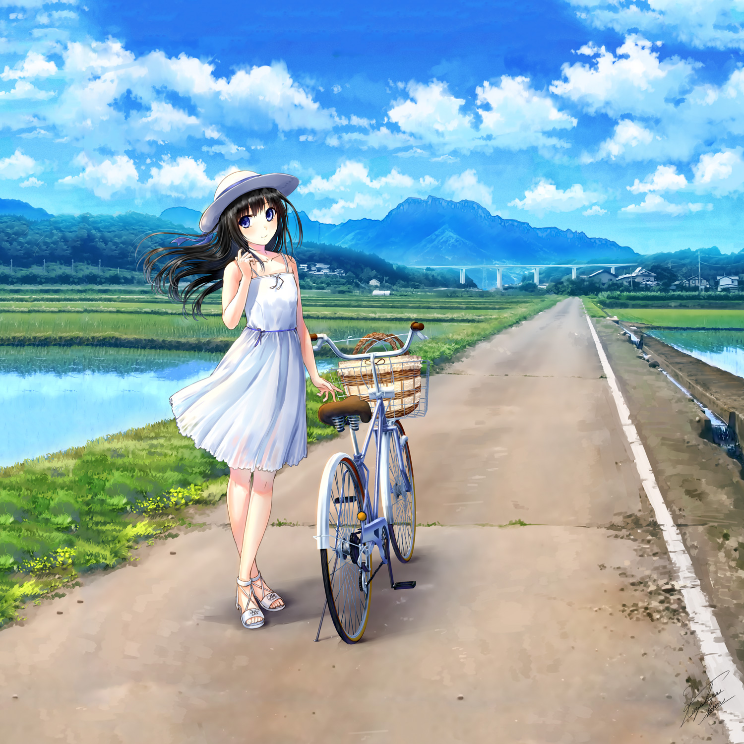 Anime 1500x1500 anime girls portrait display white dress feet crossed dress looking at viewer bicycle women outdoors clouds sky water hat road grass blue eyes black hair long hair signature standing mountains hair blowing in the wind