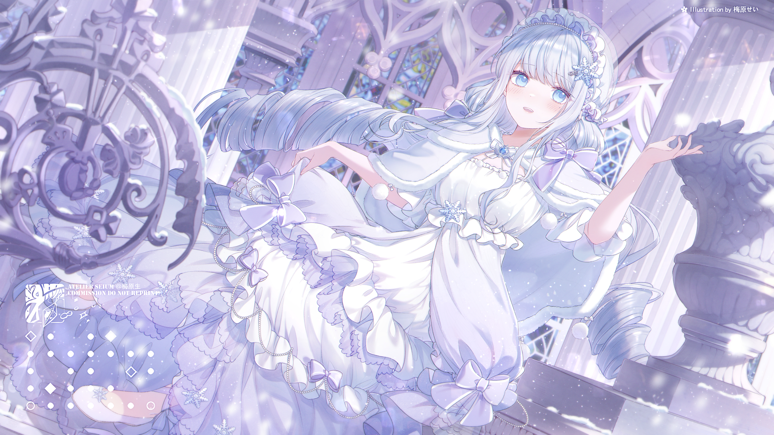 Anime 2489x1400 anime anime girls dress long hair blue hair blue eyes looking at viewer blushing watermarked signature moles mole under eye snowflakes snow lifting dress bow tie