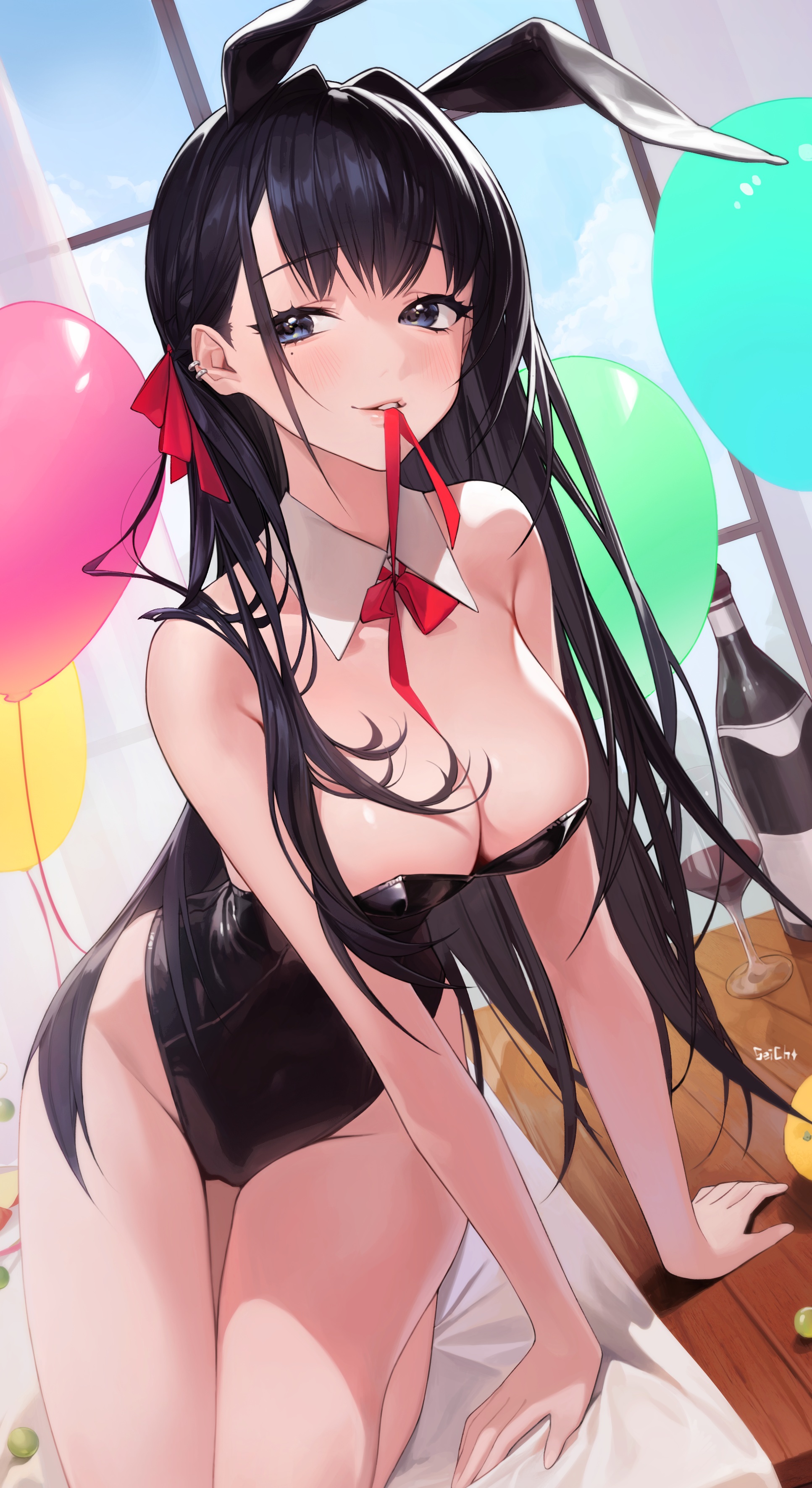 Anime 1933x3541 anime girls portrait display bunny suit animal ears bunny girl black hair huge breasts cleavage leotard black leotard item between boobs wine bow tie looking sideways balloon bunny ears thighs together thighs mole under eye blushing hair ribbon red ribbon signature alcohol wine glass arm support Sei!cho window long hair smiling AI art