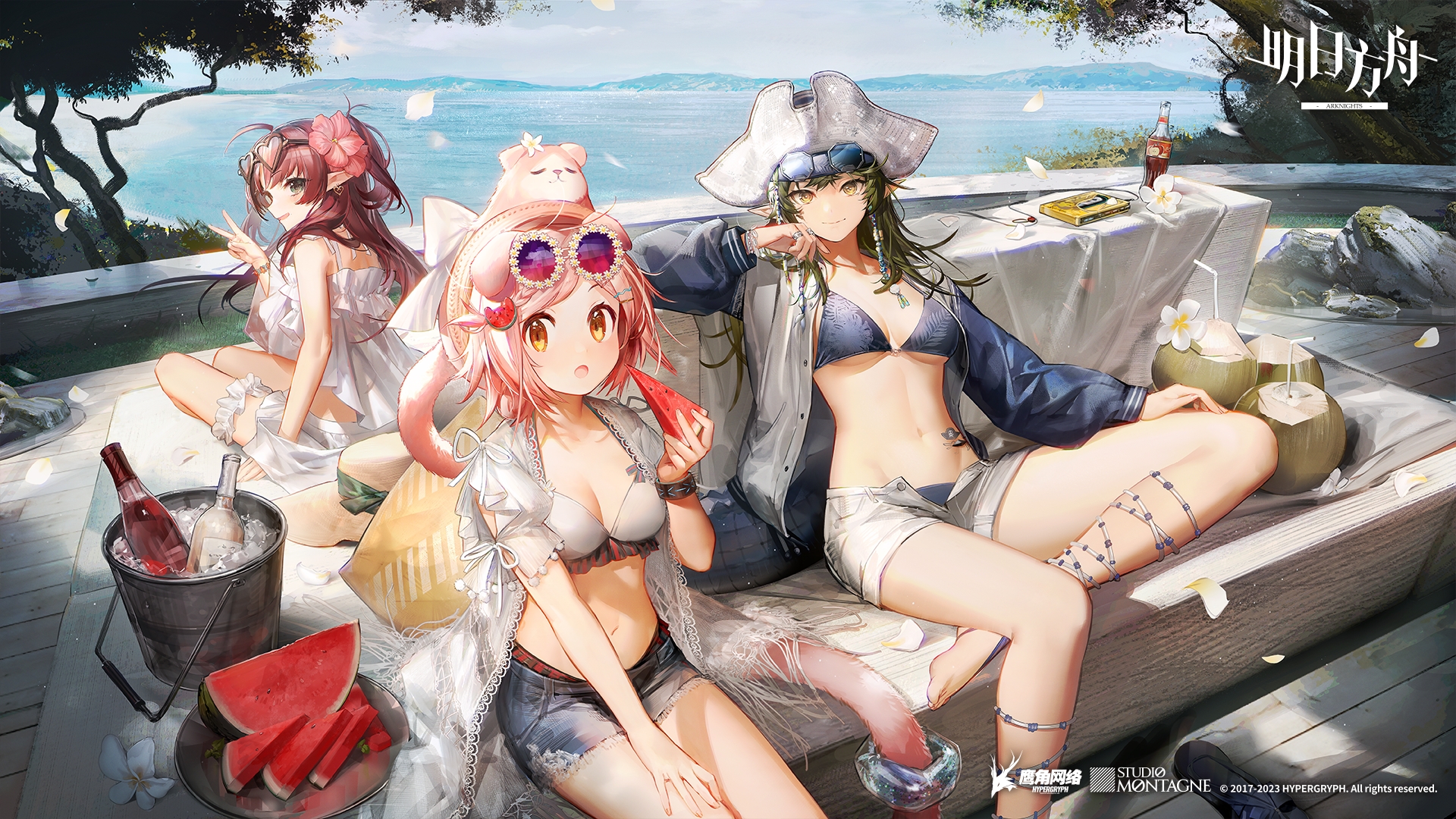 Anime 1920x1080 Arknights women trio anime girls watermelons Gavial (Arknights) sitting Goldenglow(Arknights) hat Myrtle (Arknights) bikini looking at viewer food coconuts flower in hair sunglasses creature coconut milk water horizon peace sign hair ornament bottles open shorts jean shorts pointy ears petals trees open clothes flowers bucket watermarked