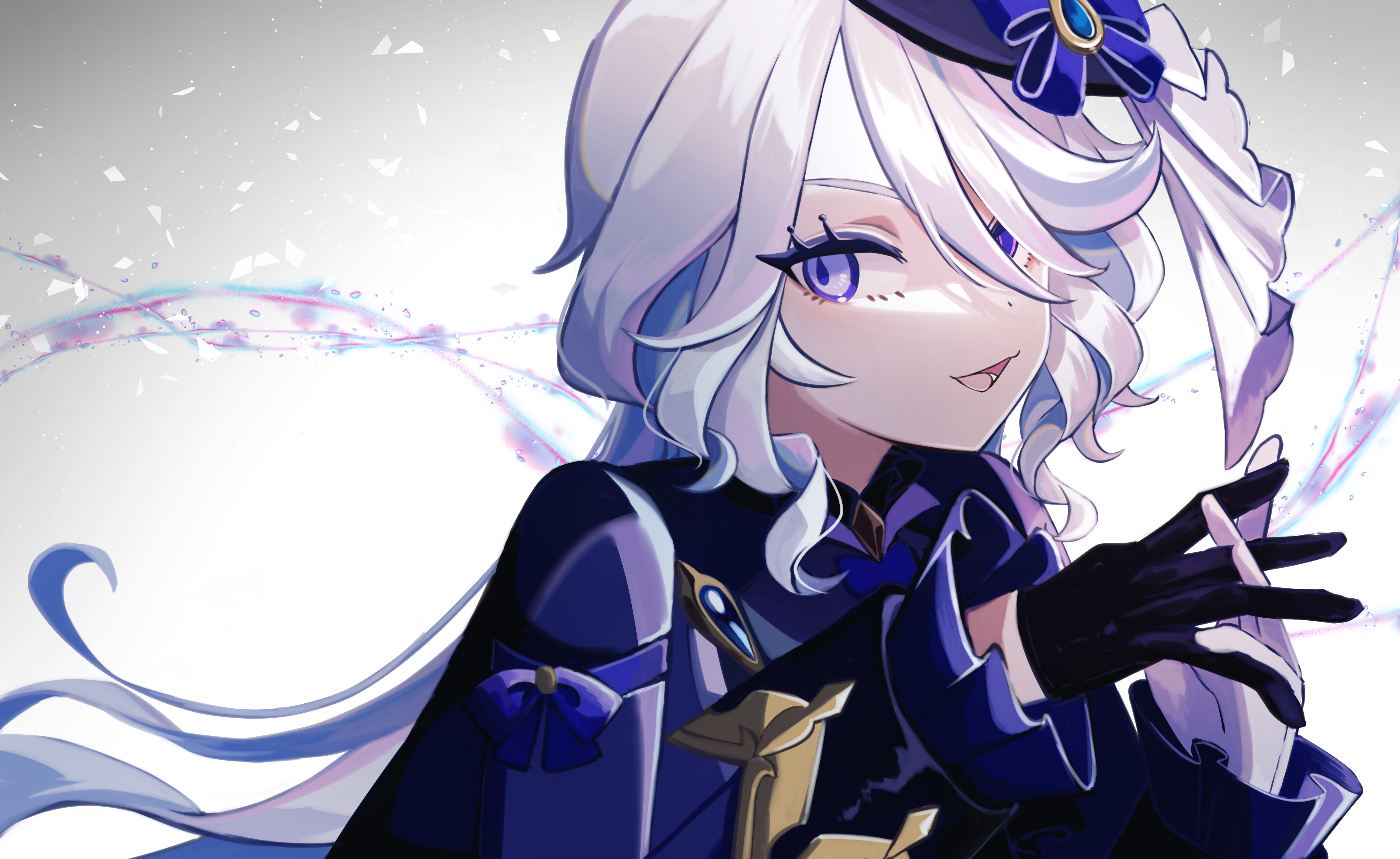 Anime 6071x3726 anime anime girls Genshin Impact Furina (Genshin Impact) long hair ahoge white hair solo artwork digital art fan art looking at viewer open mouth minimalism simple background uniform bow tie gloves mismatched gloves
