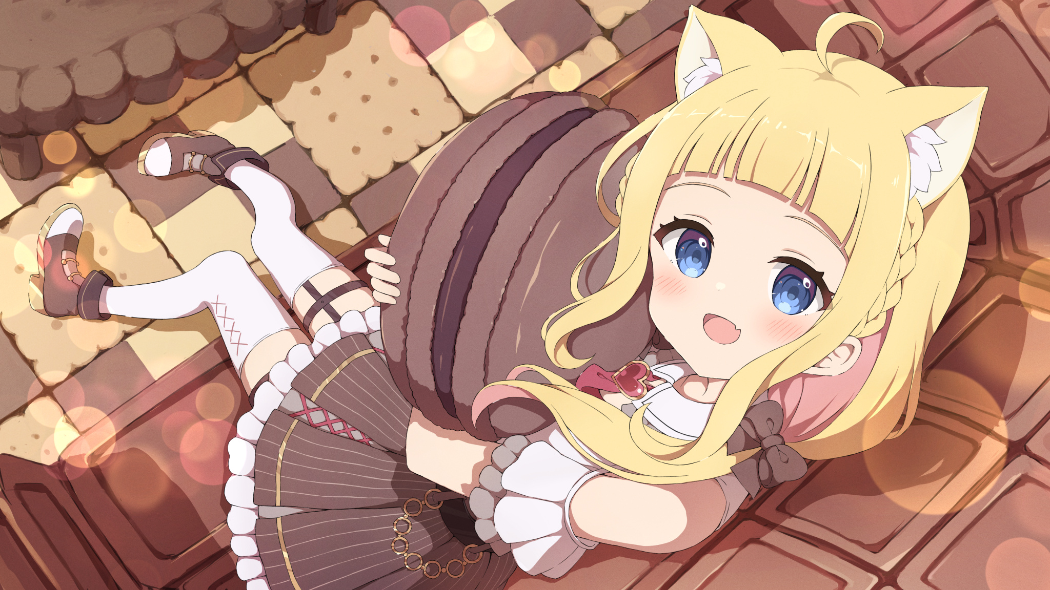 Anime 2048x1152 original characters cat ears blue eyes blonde anime girls cat girl stockings looking at viewer blushing open mouth macarons sitting braids