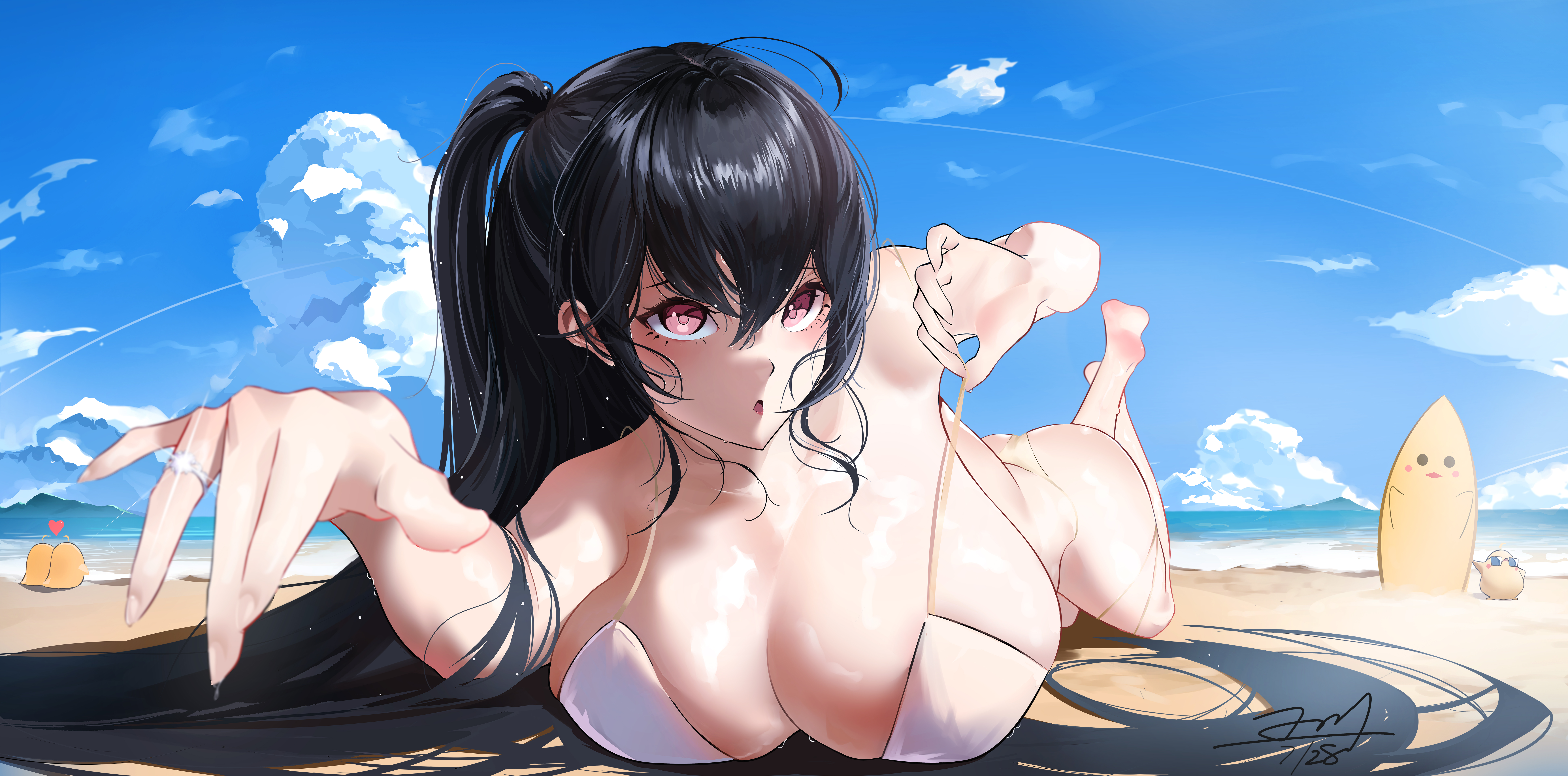 Anime 8672x4294 Azur Lane huge breasts Taihou (Azur Lane) sky Manjuu (Azur Lane) feet white bikini long hair lying on front signature lying down cleavage lying on beach pink eyes women on beach beach water white swimsuit ass alternate costume feet in the air clouds surfboards wet hair pulling clothing rings looking at viewer waves Weiqiban open mouth outdoors wedding ring horizon wet body summer big boobs foot sole barefoot side ponytail ahoge thighs sand legs bright