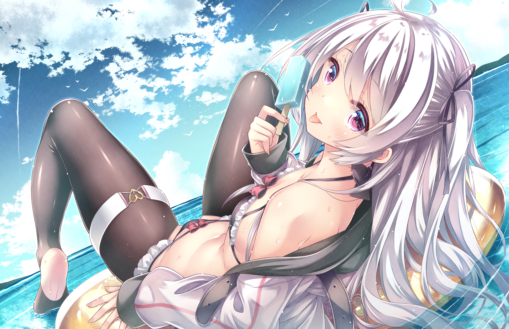 Anime 2163x1400 anime girls portrait display silver hair purple eyes lying down lying on back spread legs open clothes small boobs black bikinis black pantyhose floater looking at viewer outdoors pantyhose looking back swimwear air mattress thigh strap tongue out Botugo long hair water bikini thighs ahoge clouds sky popsicle