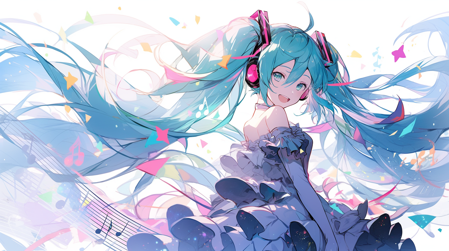 long hair, blue hair, blue eyes, open mouth, looking at viewer, Pixiv, anime,  anime girls, AI art, Hatsune Miku, Vocaloid, twintails, musical notes,  dress, elbow gloves, digital art | 1456x816 Wallpaper -