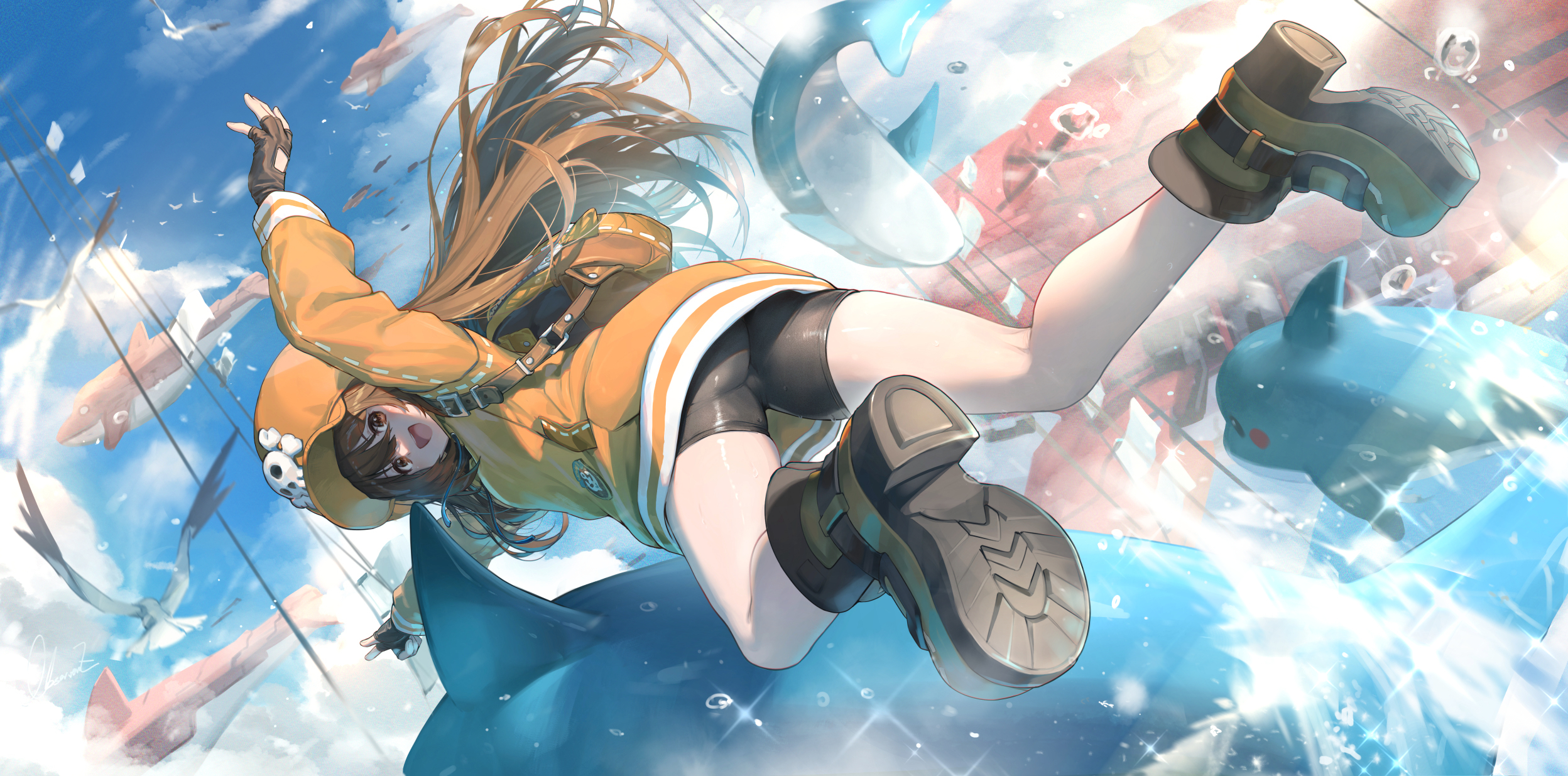 Anime 2496x1235 anime anime girls Guilty gear strive sky Guilty Gear clouds ass shorts long hair brunette brown eyes looking at viewer birds animals dolphin open mouth water drops stars shoes gloves fingerless gloves looking back backpacks May (Guilty Gear)
