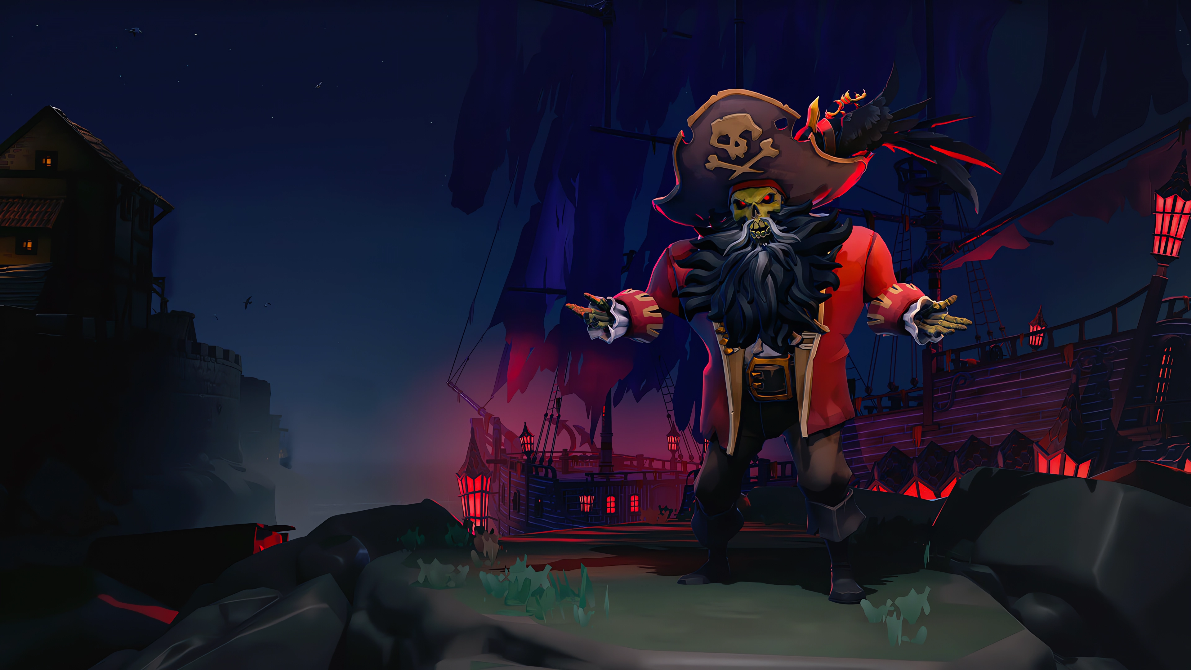 General 3840x2160 LeChuck Sea of Thieves Monkey Island AI art video game characters sky video game art beard video games pirates pirate hat standing ship night glowing eyes digital art looking at viewer