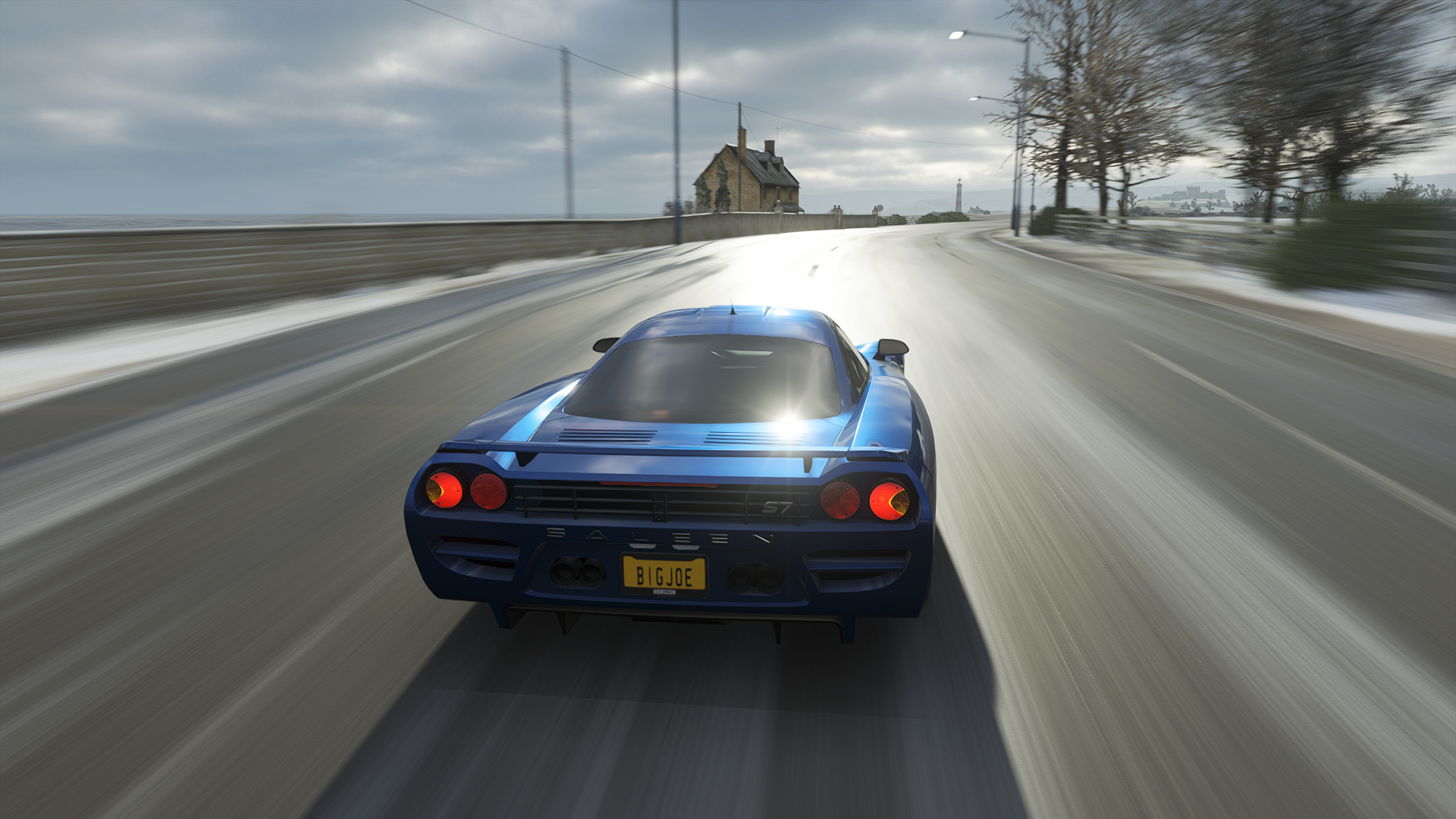 General 1920x1080 Forza Horizon 4 Forza Horizon Forza driving CGI car supercars Saleen S7 vehicle rear view taillights licence plates road sky clouds trees street light blurred blurry background video game art video games