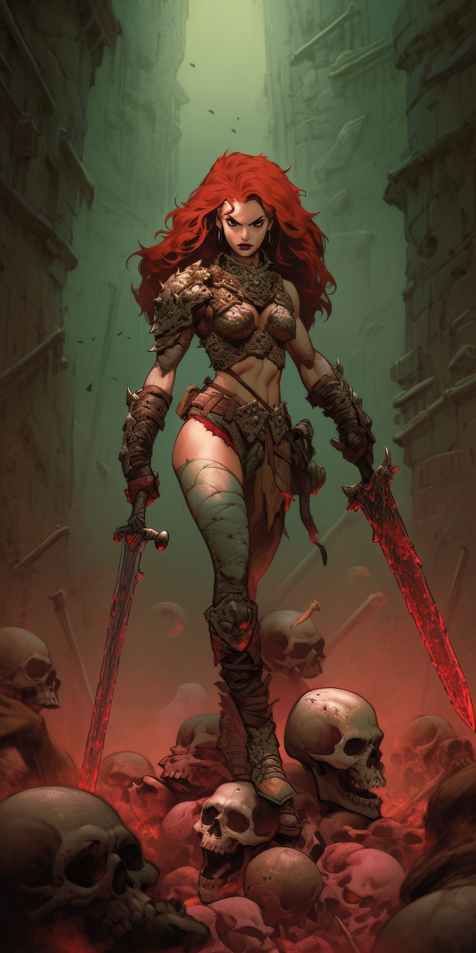 General 1536x3072 AI art Red Sonja skull and bones redhead illustration portrait display women digital art looking at viewer long hair sword weapon skull angry