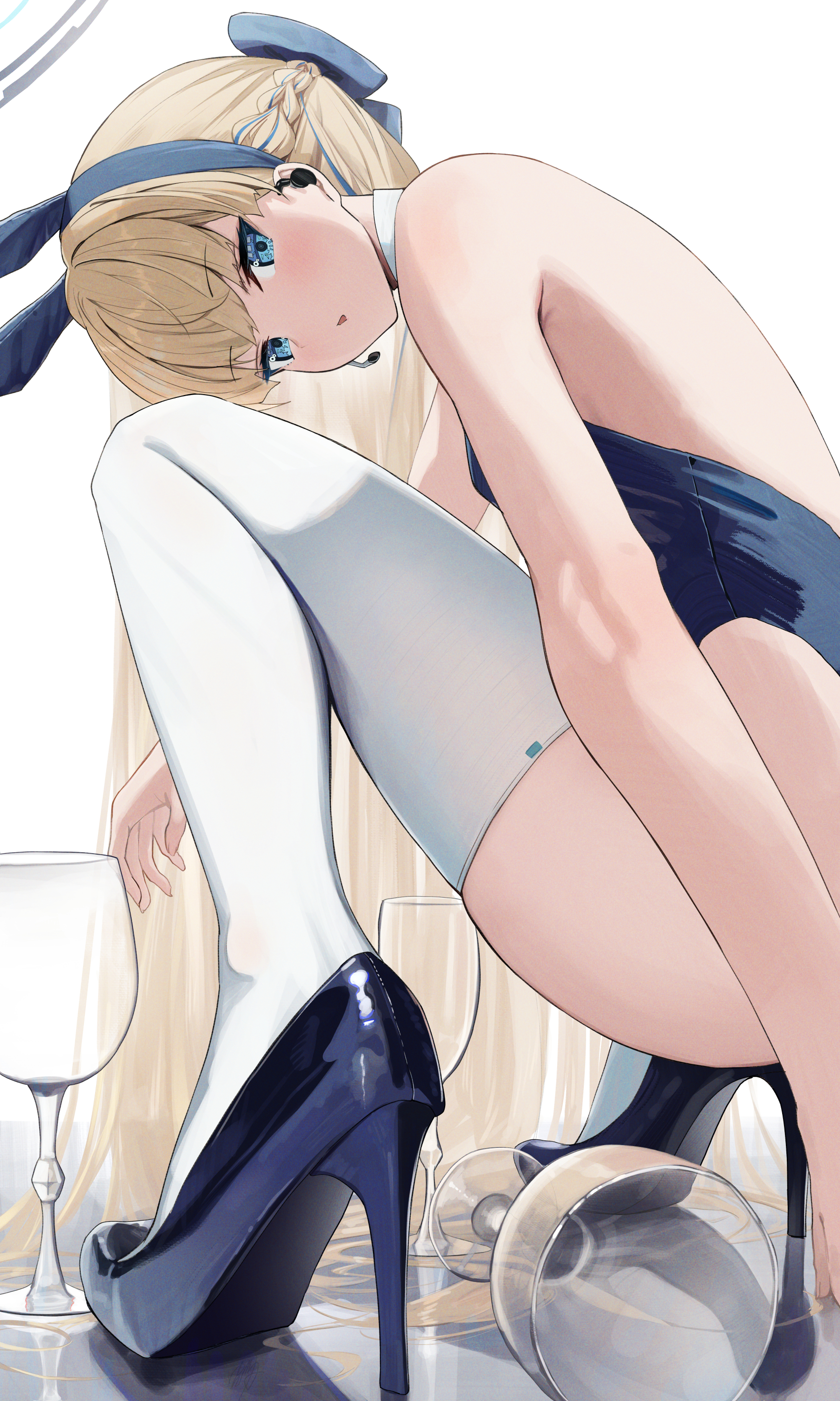 Anime 1800x3000 Blue Archive squatting anime girls portrait display Asuma Toki (Blue Archive) bunny girl bunny suit animal ears bunny ears stockings microphone leotard blue leotard looking back blonde long hair bareback Hidulume high heels blue heels wine glass low-angle blue eyes white stockings cup looking below legs simple background white background minimalism