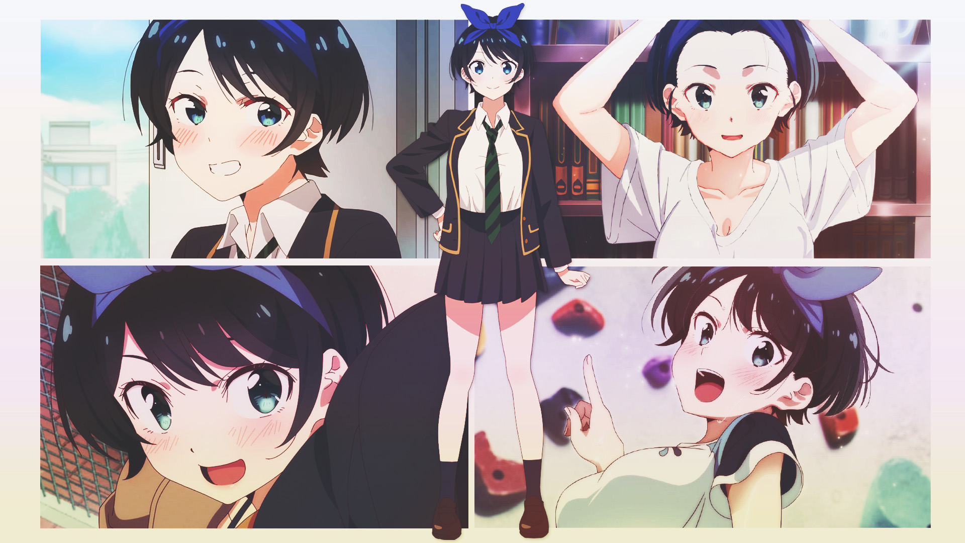 Anime 1920x1080 anime collage DinocoZero anime girls Ruka Sarashina Kanojo, Okarishimasu (Rent-a-Girlfriend) standing uniform smiling blushing looking at viewer short hair