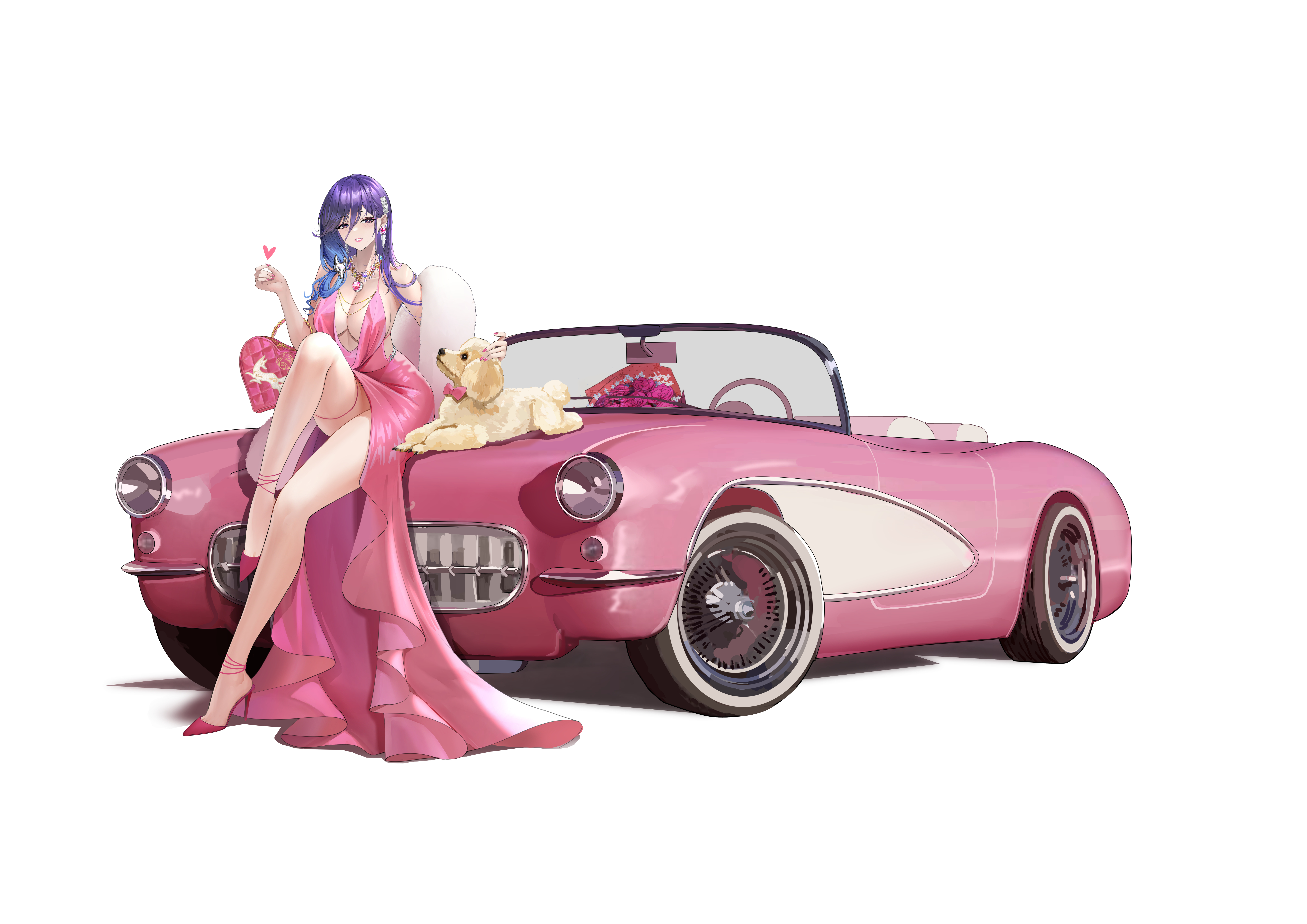Anime 8000x5657 women with cars animals anime girls minimalism simple background car white background dress pink dress gradient hair long hair purple eyes pink heels poodle Maki (Artist) jewelry cocktail dress high heels sitting looking at viewer hair ornament legs huge breasts cleavage fur trim necklace no bra thigh strap blushing smiling thighs earring gems heels