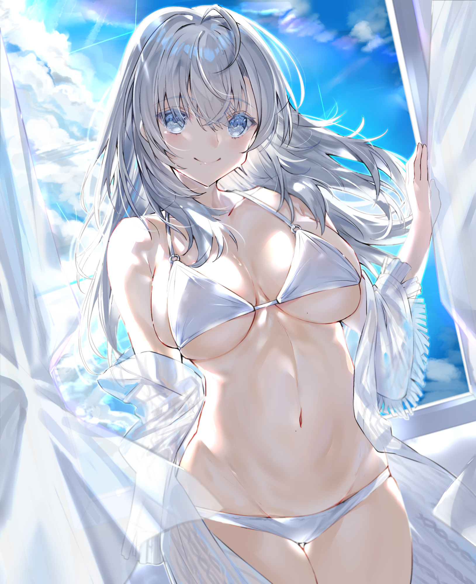 Anime 1629x2000 Kou Mashiro belly belly button boobs big boobs bikini open clothes white hair blue eyes bare midriff thighs thighs together looking at viewer smiling anime girls portrait display sky clouds standing sunlight long hair swimwear