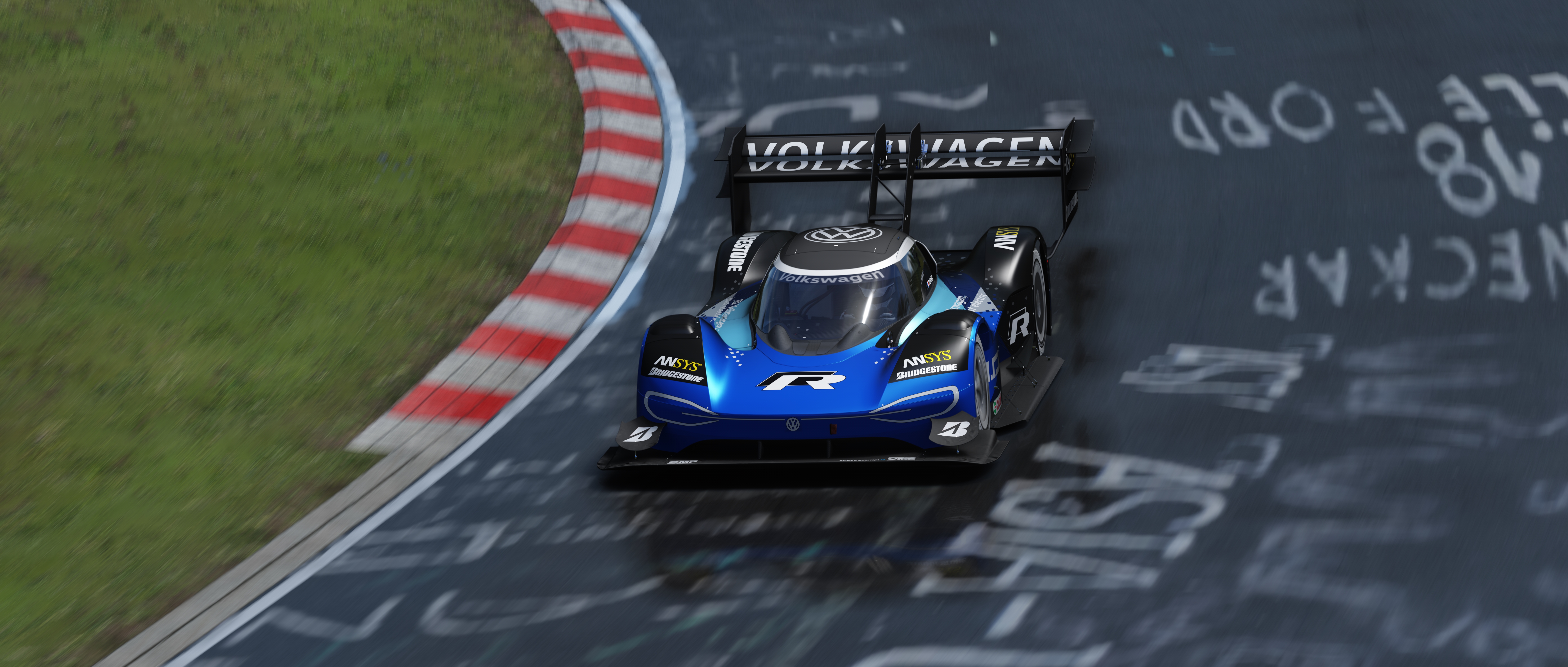 General 7680x3269 Volkswagen Volkswagen ID-R Nurburgring Assetto Corsa race cars PC gaming German cars race tracks video games frontal view CGI reflection