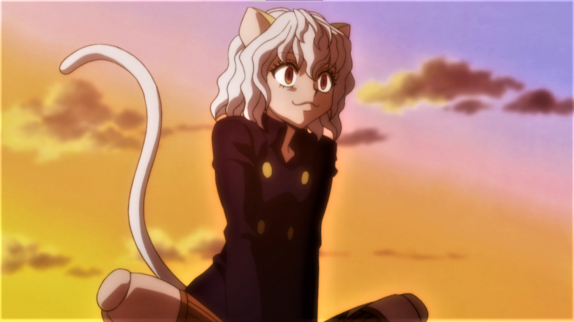 Anime 1920x1078 Hunter x Hunter white hair Neferpitou cat ears tail cat girl sky clouds sunset sunset glow anime Anime screenshot anime girls smiling cat tail