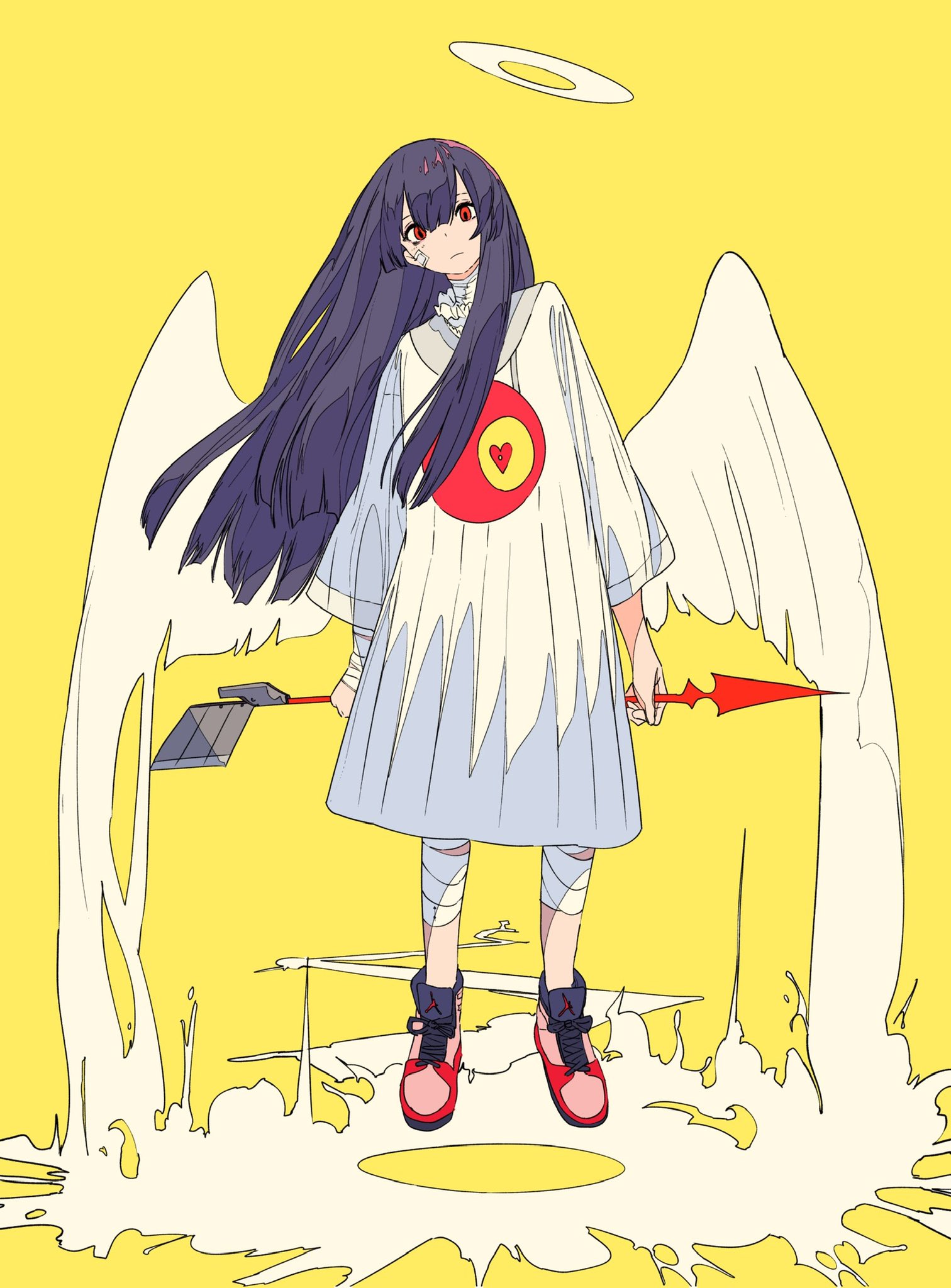 Anime 1512x2048 artwork anime anime girl with wings angel arrow (design) red eyes flying portrait display looking at viewer long hair simple background yellow background minimalism halo