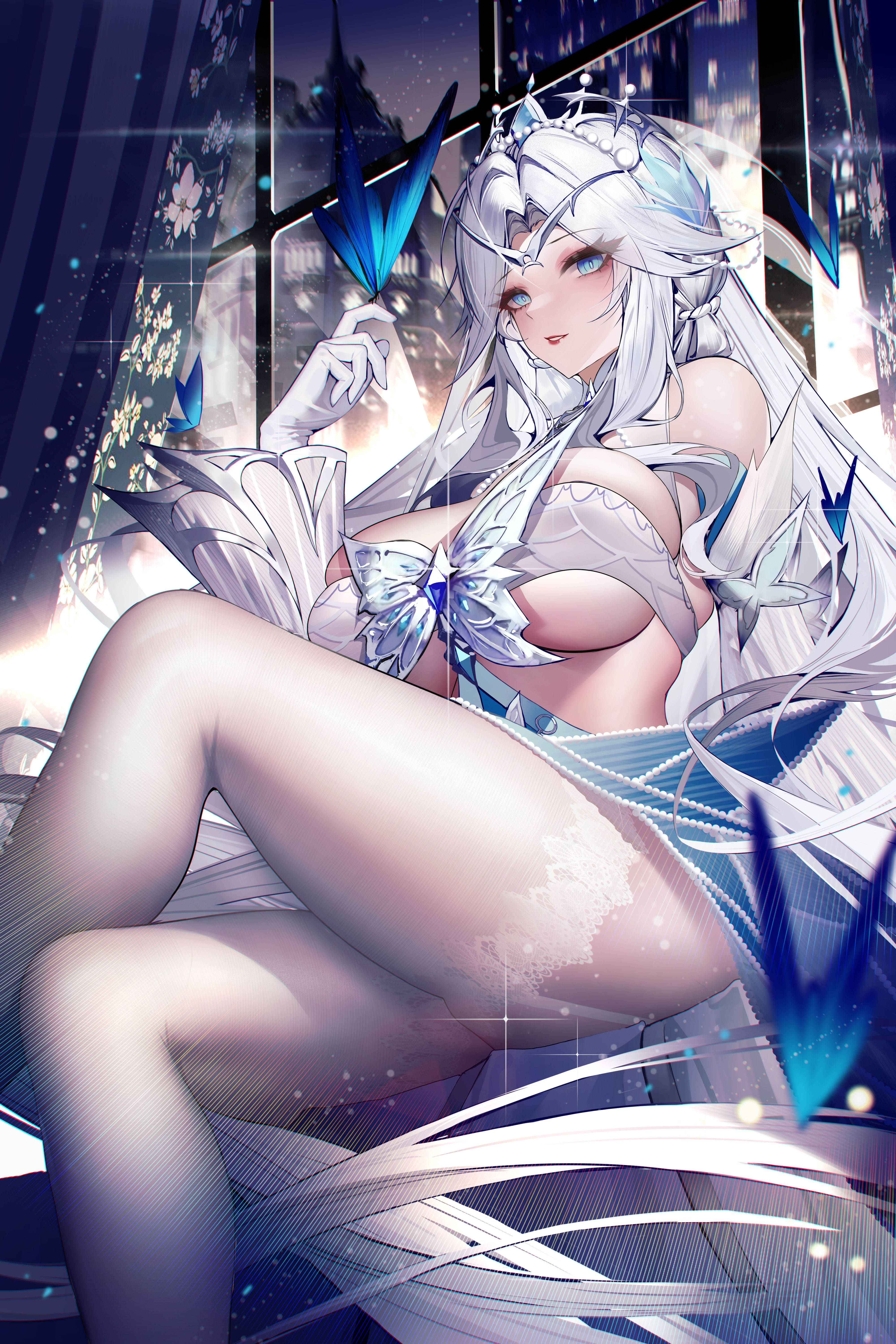 Anime 4000x6000 anime girls white hair blue eyes portrait display legs crossed big boobs butterfly looking at viewer long hair stockings gloves curtains tiaras
