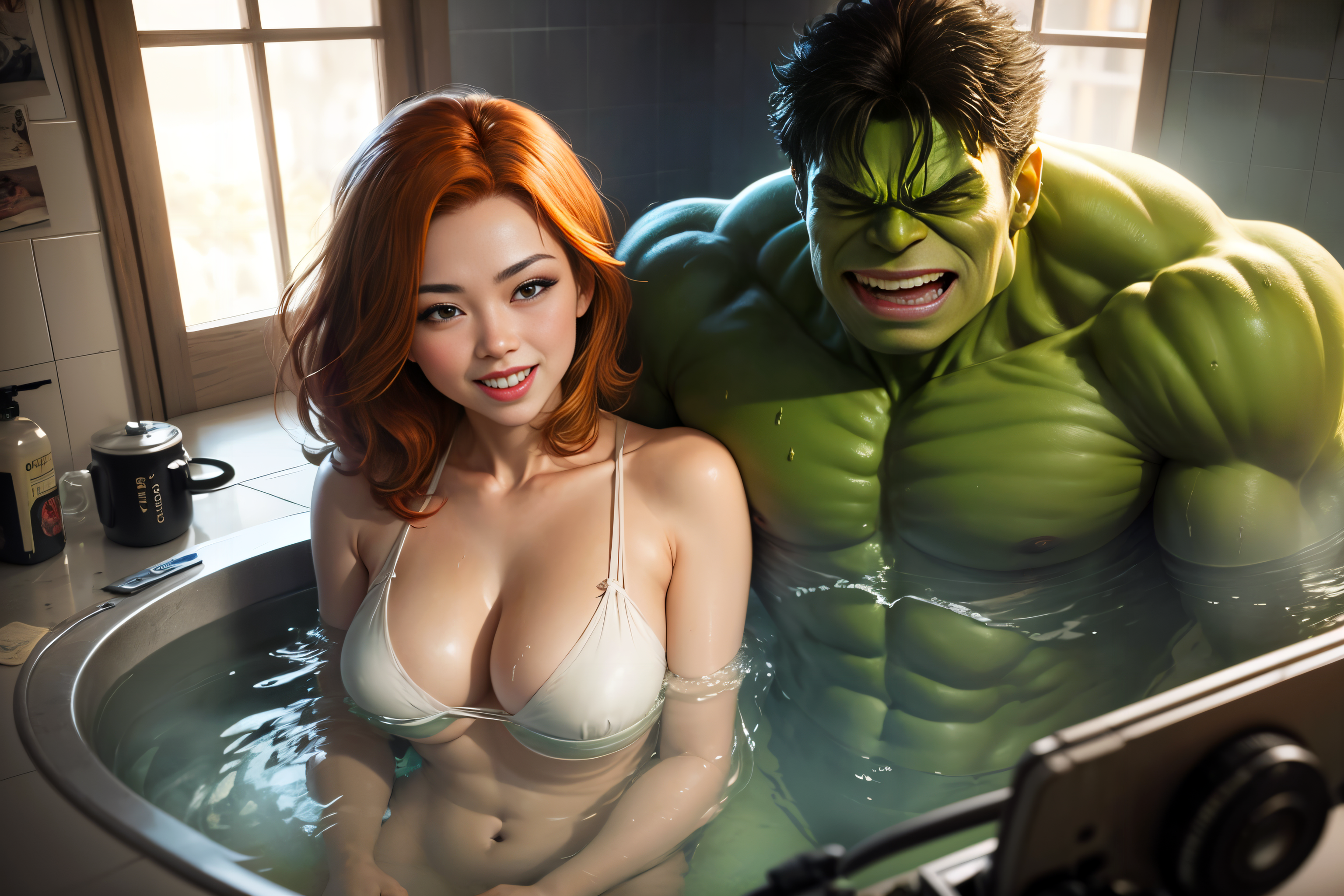 General 3072x2048 Hulk The Incredible Hulk Marvel Comics Marvel Avengers Marvel Super Heroes boobs neckline swimming pool whirlpool water muscles AI art photoshopped women looking at viewer Asian in water superhero open mouth phone smiling
