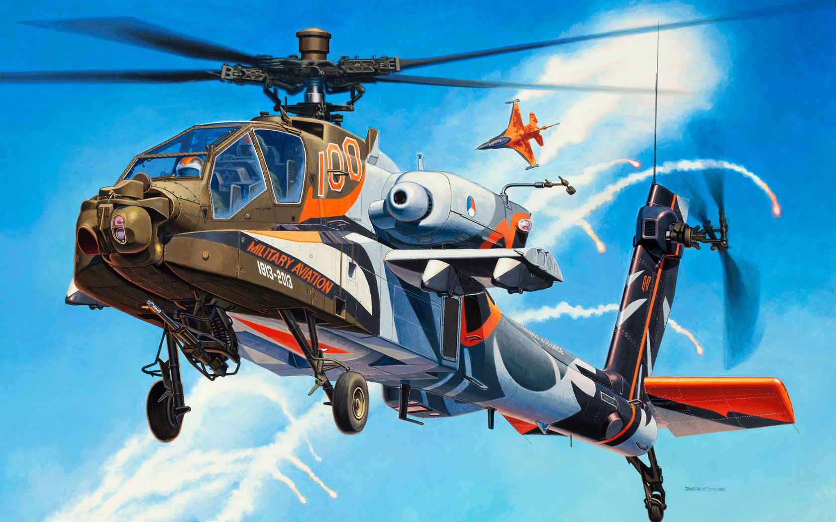General 1680x1050 aircraft military sky flying clouds helicopters artwork Royal Netherlands Air Force Boeing AH-64 Apache General Dynamics F-16 Fighting Falcon 2013 (Year) Boxart attack helicopters jet fighter anniversary birthday Andrzej Deredos aerobatic team
