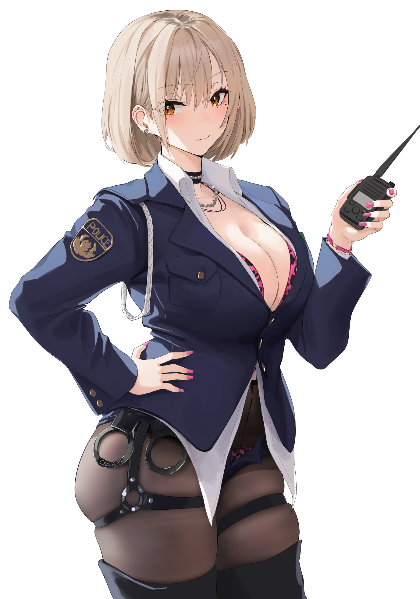 Anime 1378x1965 anime anime girls original characters bra pantyhose short hair painted nails pink nails thigh high boots cleavage hands on hips handcuffs walkie-talkie police police women CheLA necklace pearl necklace moles mole under eye simple background white background portrait display blushing big boobs open shirt uniform looking at viewer minimalism open shorts