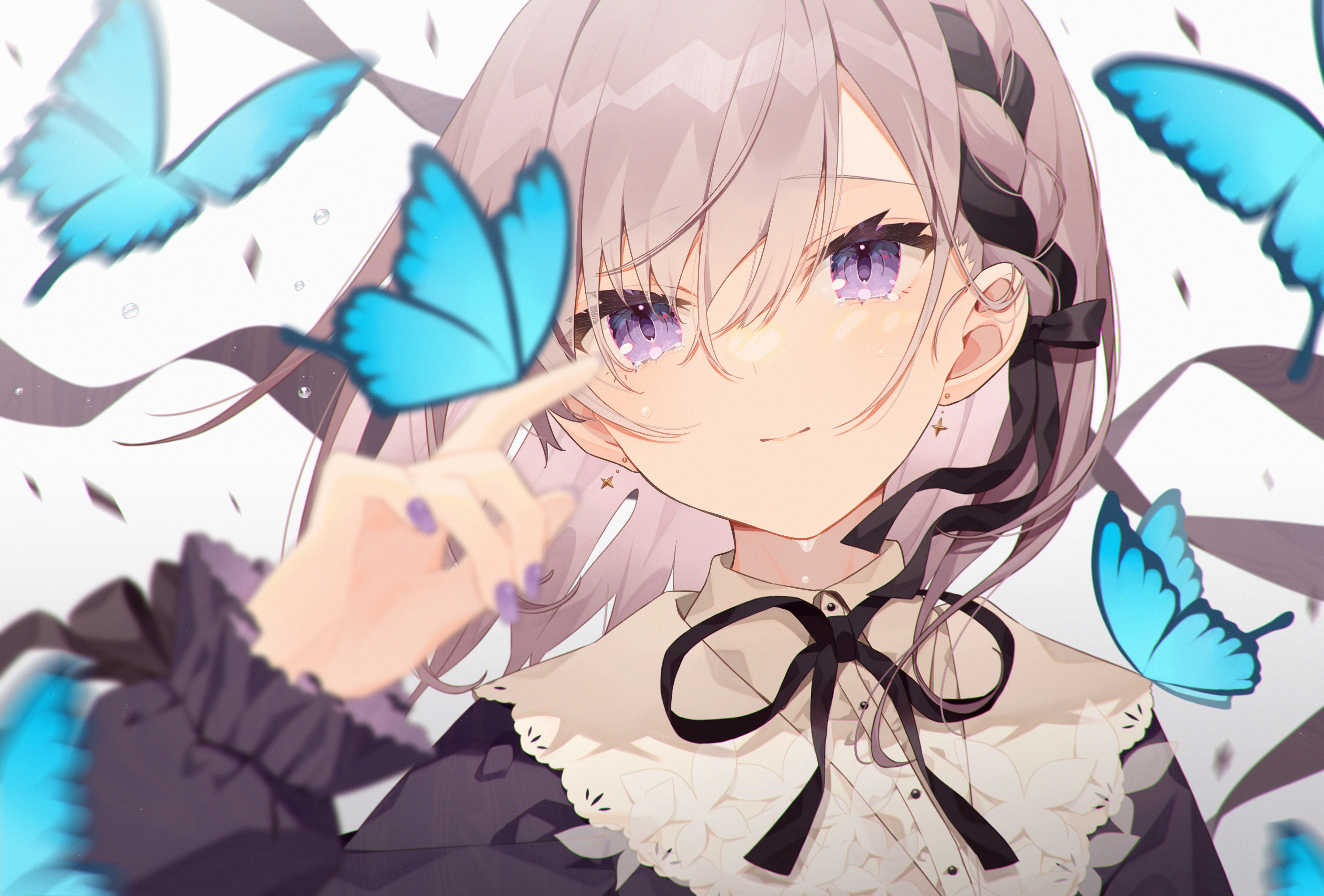 Anime 4352x2944 anime Pixiv anime girls butterfly looking at viewer bow tie earring water drops smiling