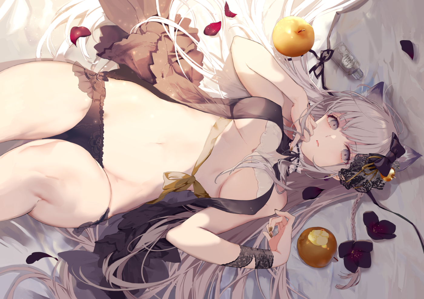 Anime 1400x988 anime anime girls lying on back cat girl cat ears feathers apples fruit big boobs long hair looking at viewer braids lingerie belly belly button petals flowers bow tie Yukisame top view black panties