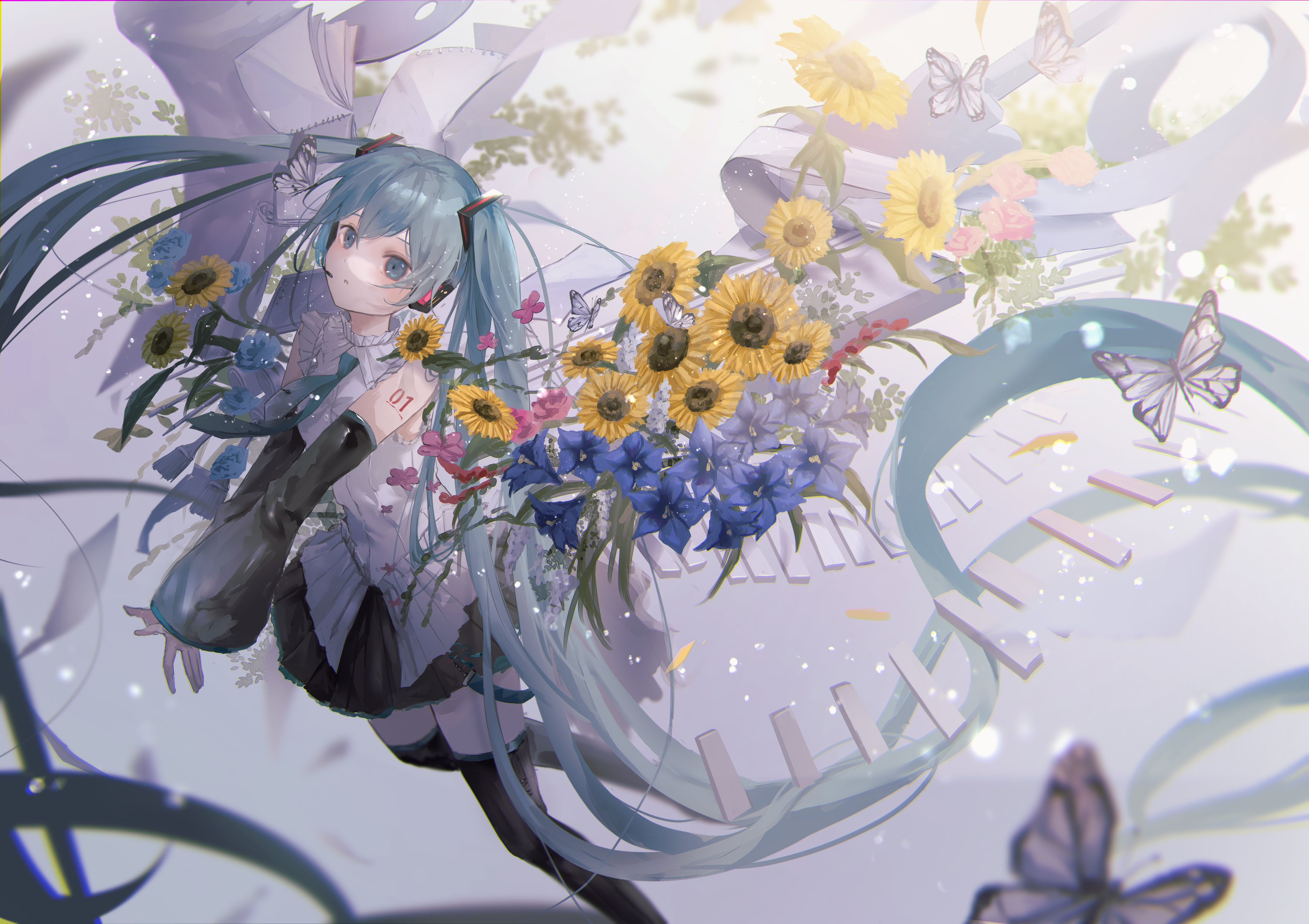 Anime 4096x2892 Hatsune Miku flowers butterfly sunflowers long hair high angle twintails blue hair blue eyes looking at viewer Vocaloid anime girls