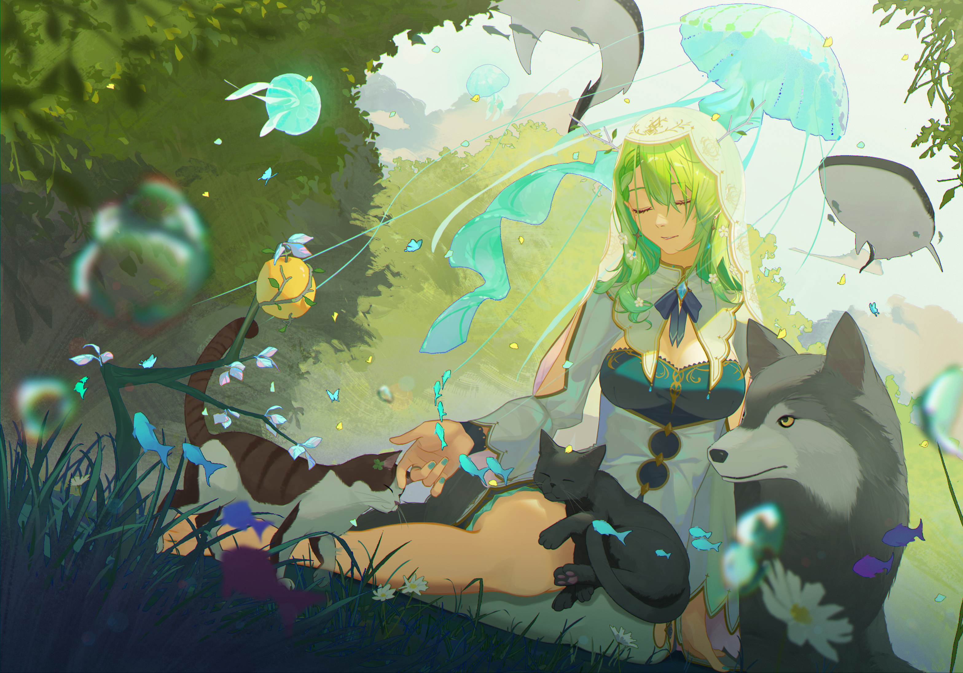 Anime 3135x2192 Ceres Fauna Hololive Hololive English Virtual Youtuber cats green hair wolf anime girls closed eyes grass water drops animals bow tie earring fish