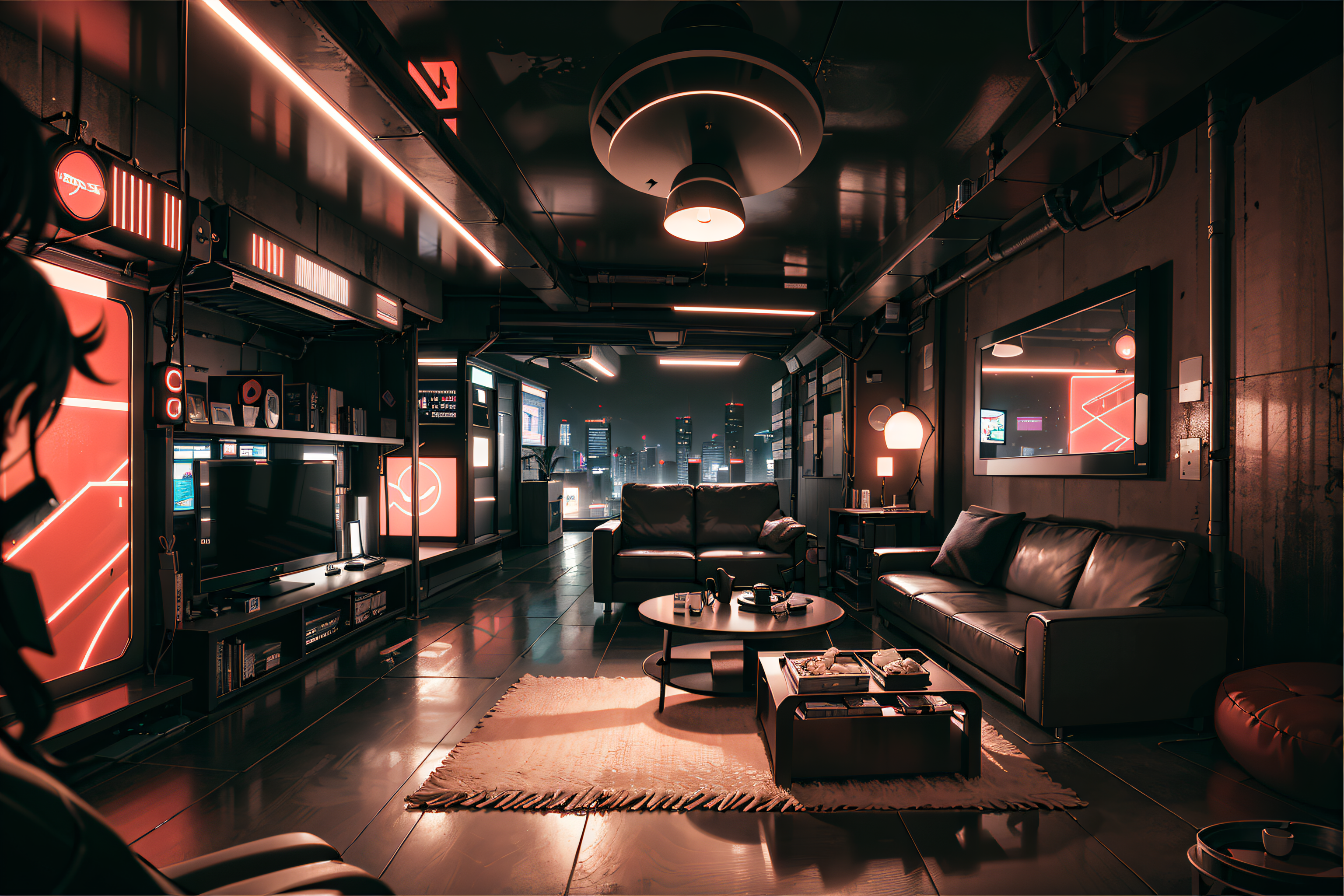 General 3072x2048 cyberpunk indoors living rooms night Stable Diffusion AI art couch lights lantern carpet reflection city city lights building