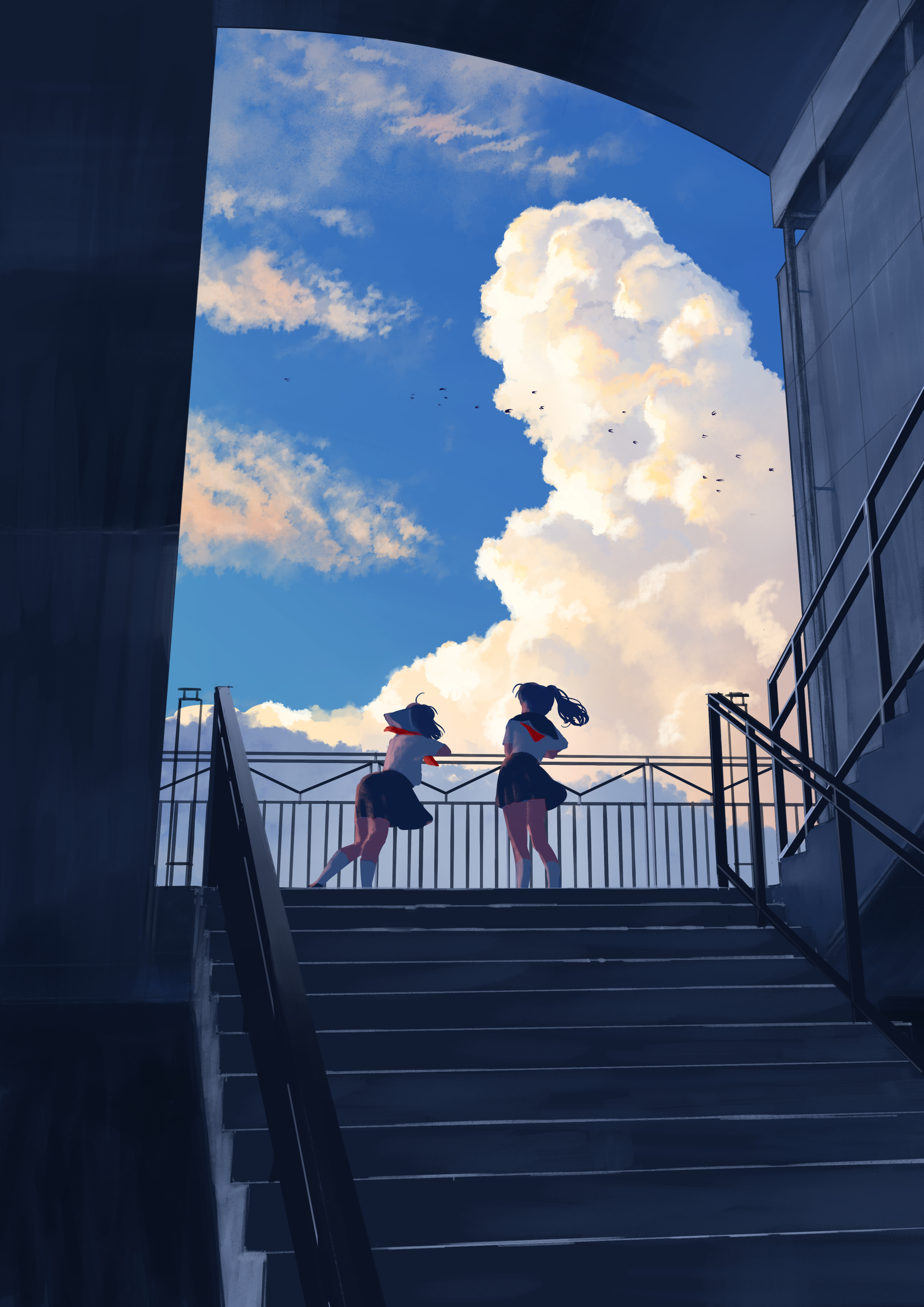 General 2894x4094 Pixiv artwork stairs schoolgirl school uniform sky clouds ponytail women portrait display Kougo Ken