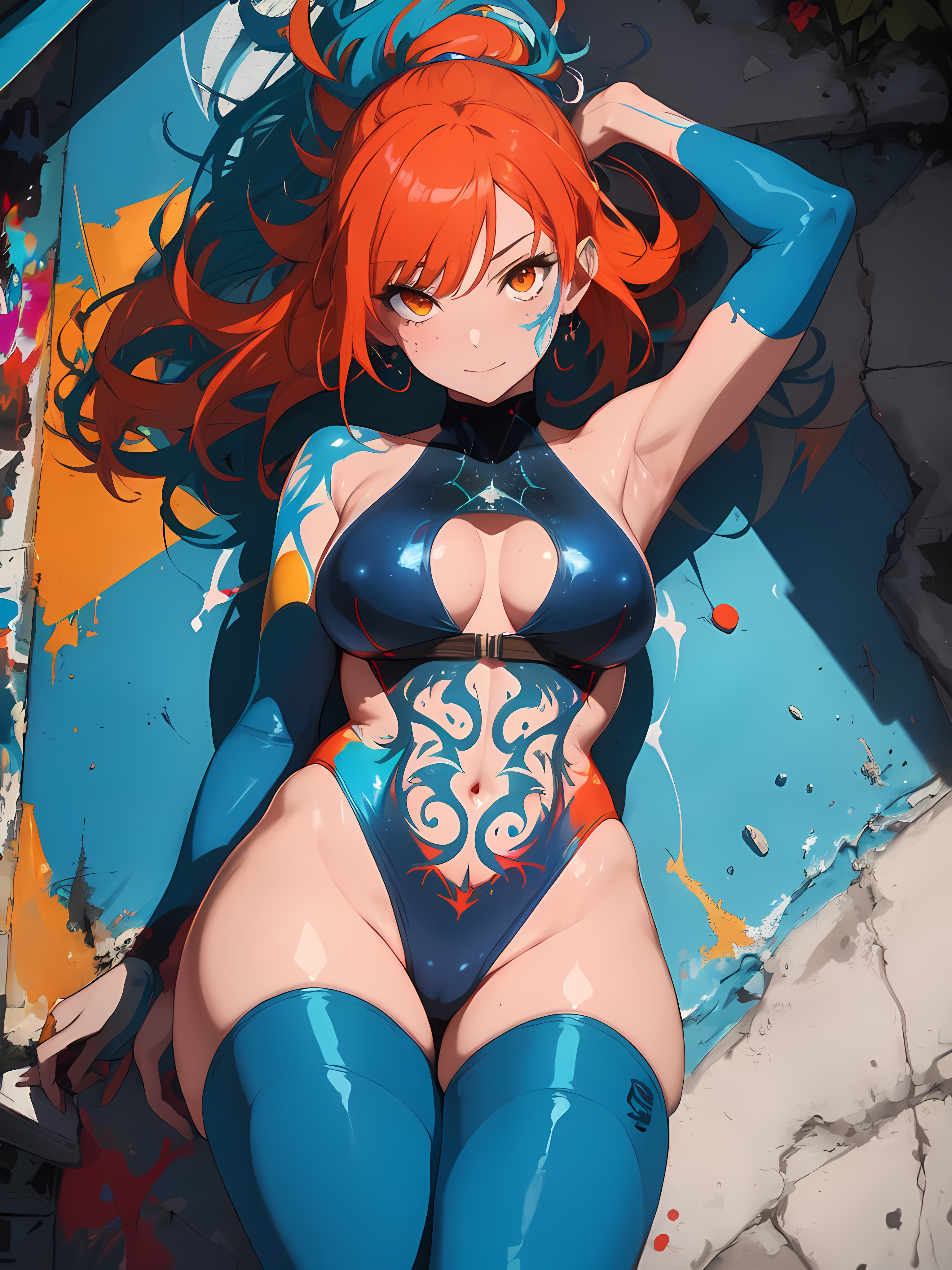 Anime 3072x4096 AI art watercolor style graffiti anime girls portrait display stockings thighs one-piece swimsuit swimwear armpits looking at viewer two tone hair belly button lying on back big boobs smiling