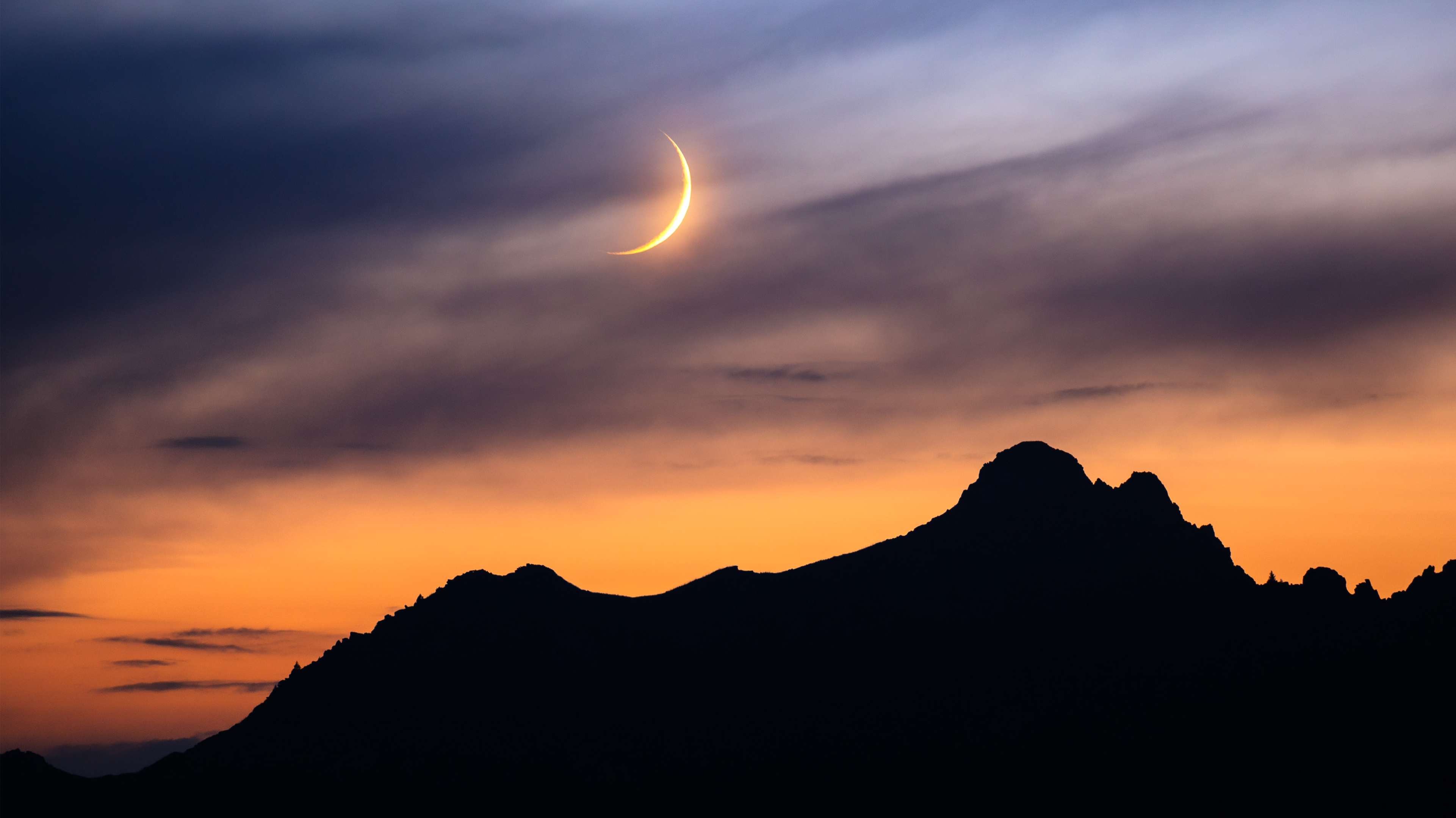 General 3842x2160 photography landscape sunset mountains nature clouds Moon shadow sky silhouette 4K sunset glow crescent moon