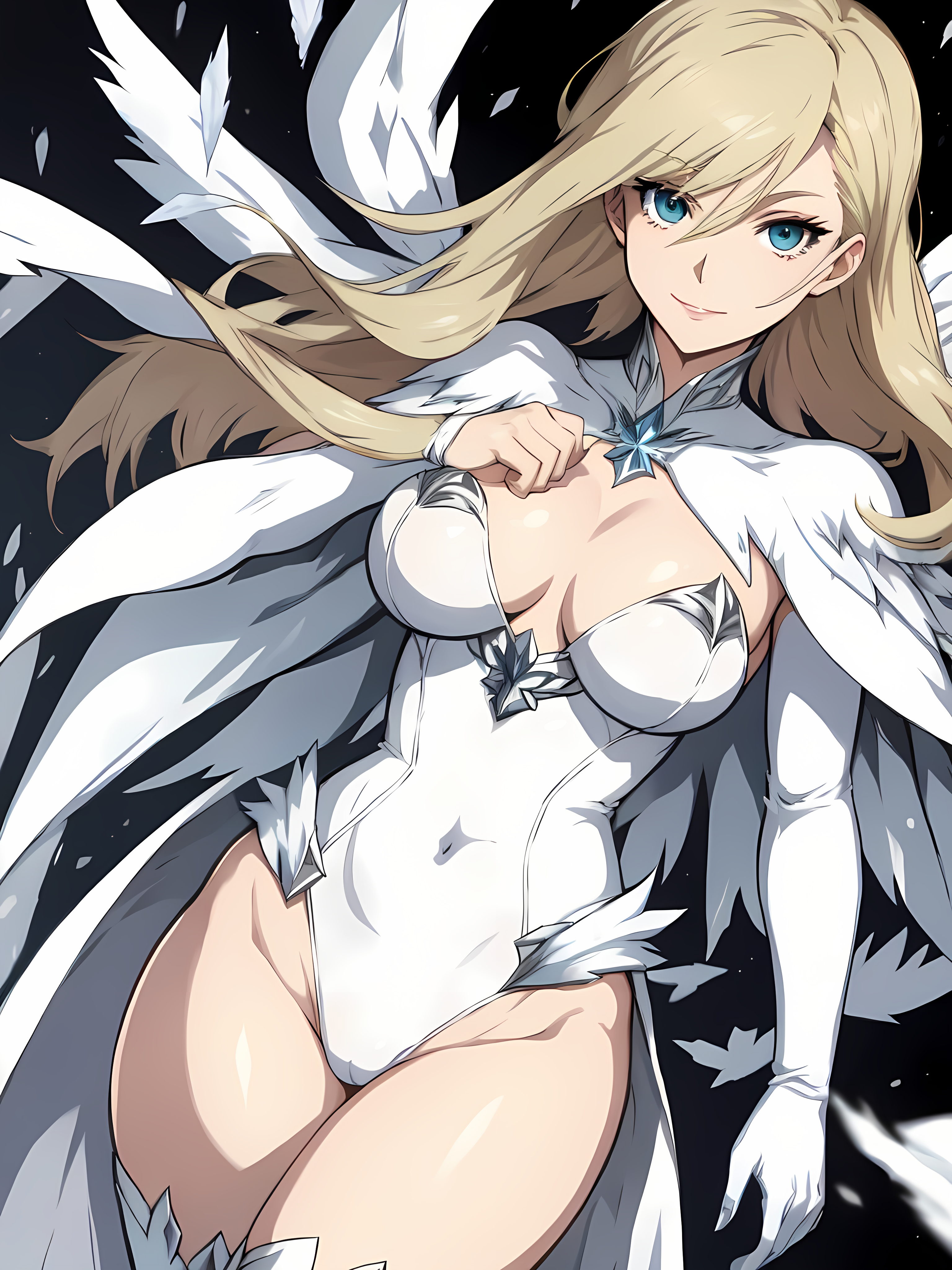 Anime 3072x4096 AI art anime girls Emma Frost big boobs thighs long hair blonde blue eyes looking at viewer portrait display feathers X-Men