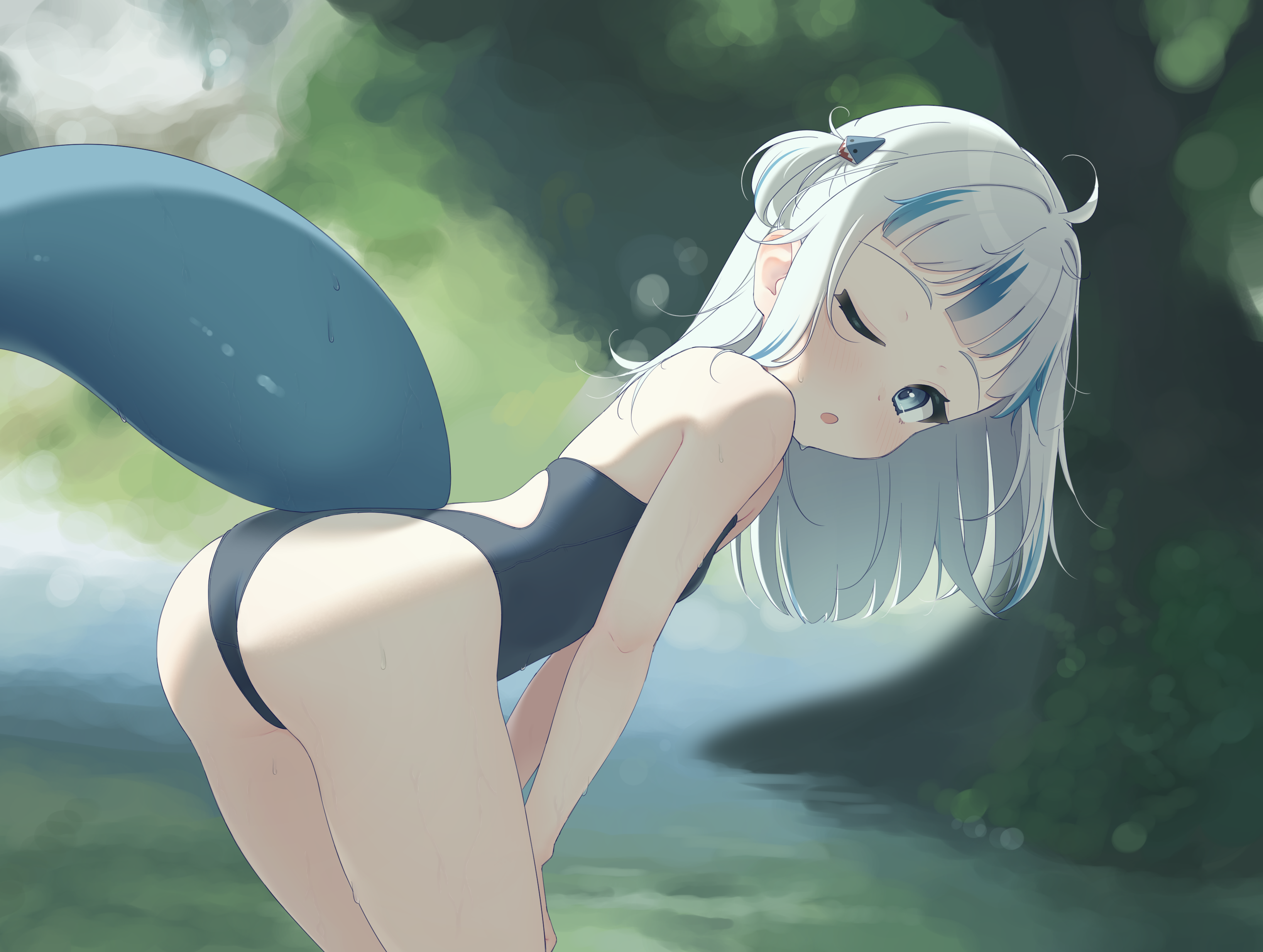 Anime 3273x2468 anime anime girls ass loli Hololive Gawr Gura bent over Virtual Youtuber one eye closed two tone hair swimwear looking at viewer