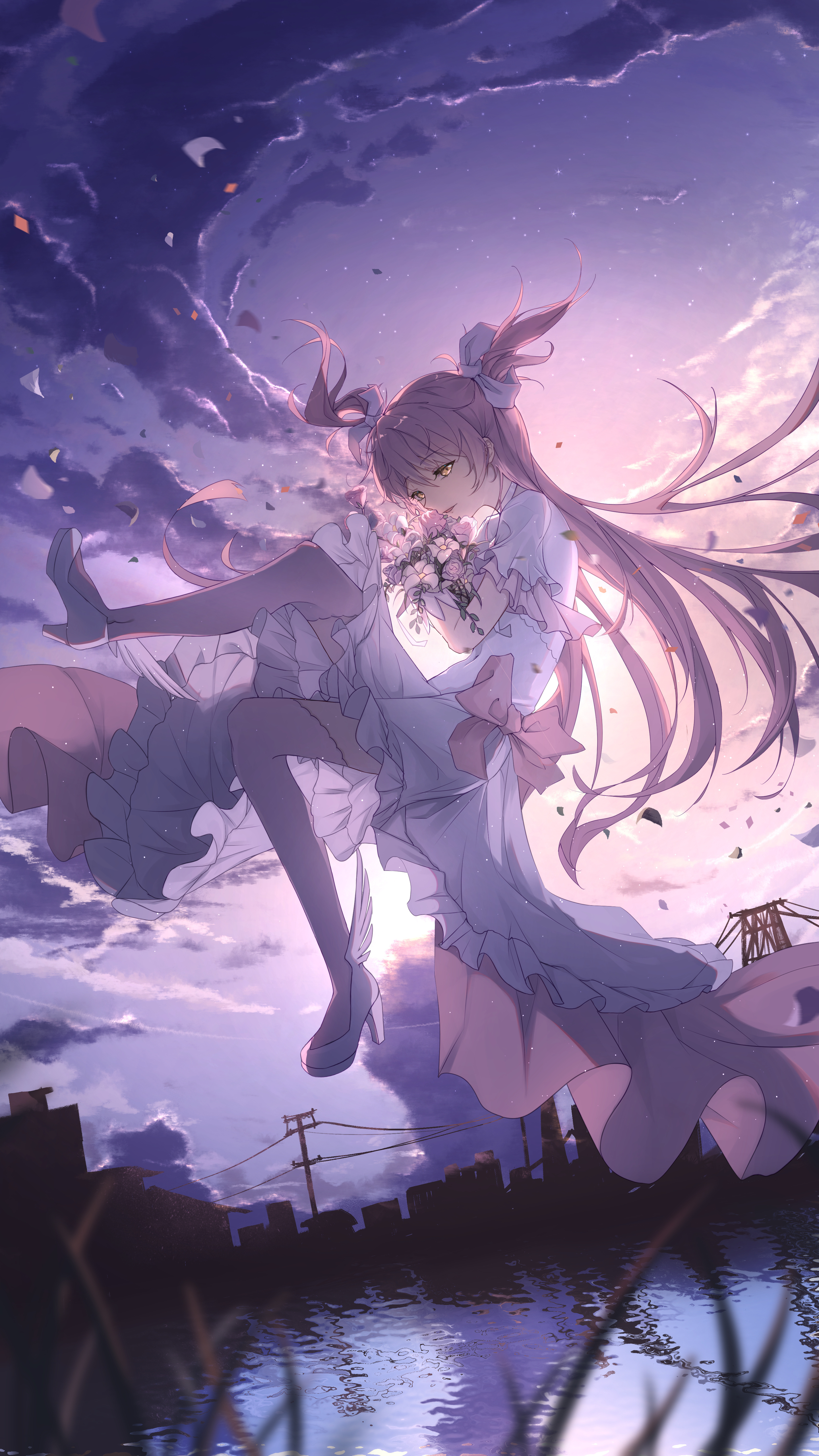 Anime 2880x5120 anime anime girls portrait display long hair sky clouds dress flowers heels pink hair yellow eyes petals grass bow tie Misono Mika Blue Archive