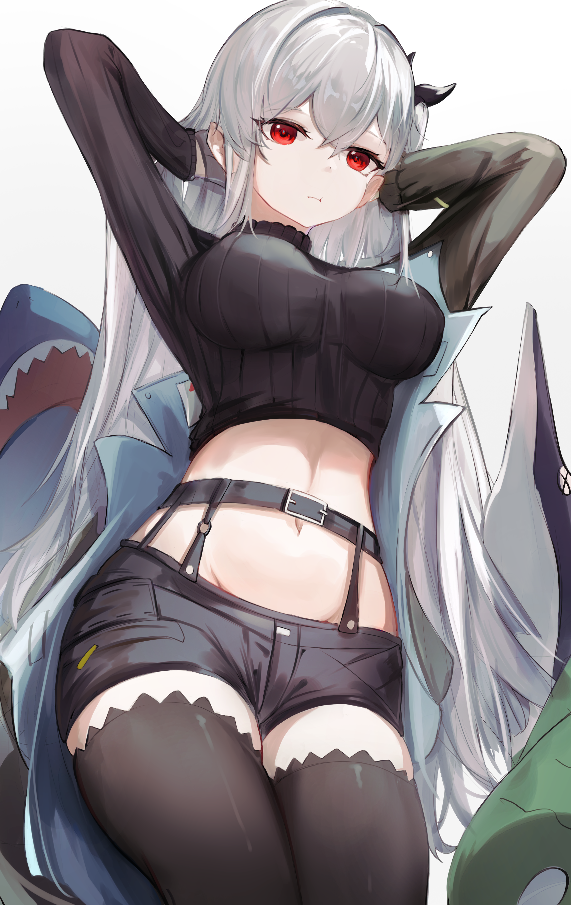 Anime 2400x3800 anime anime girls digital art artwork 2D Pixiv petite belly belly button bare midriff looking at viewer portrait display big boobs stockings long hair Arknights Skadi (Arknights)