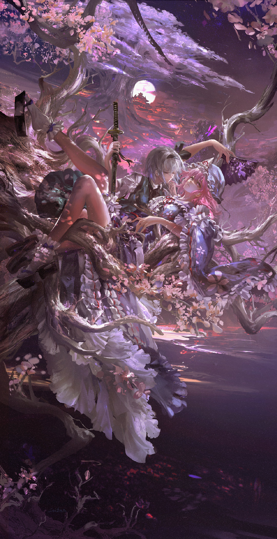 Anime 1080x2097 anime girls long hair night Konpaku Youmu Saigyouji Yuyuko branch two women full moon women portrait display clouds cherry blossom flowers looking at viewer Asian architecture trees weapon roots fans frills socks sword closed eyes butterfly