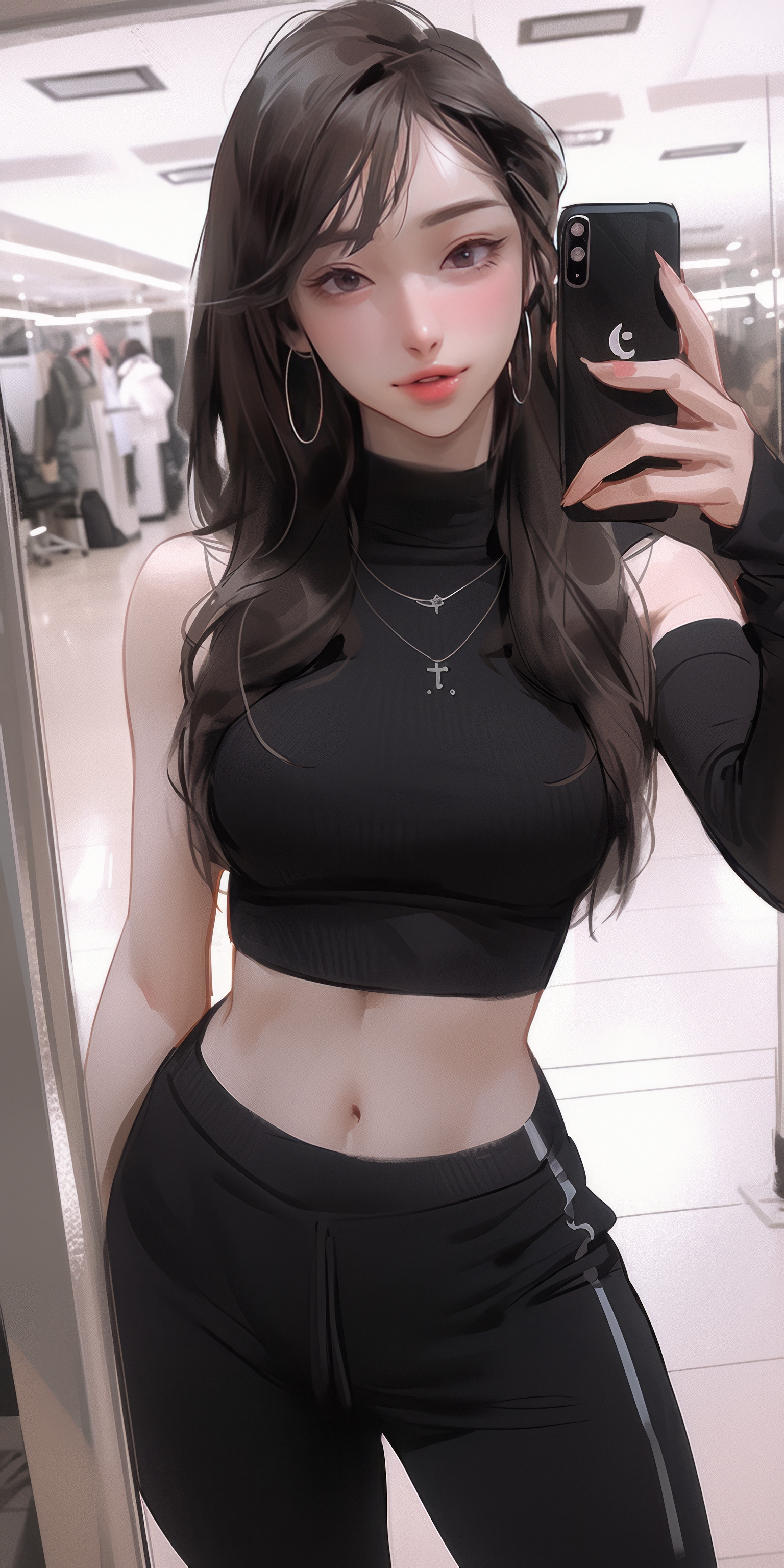 General 1536x3072 AI art women illustration selfies bare midriff sports bra Asian phone portrait display long hair earring hoop earrings looking at viewer belly belly button necklace