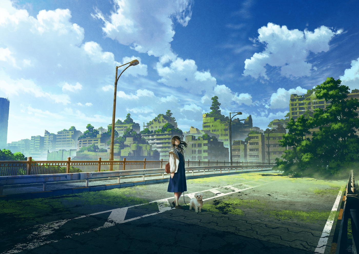 General 1400x990 Pixiv artwork dog animals sky clouds trees city bridge hair blowing in the wind long hair women