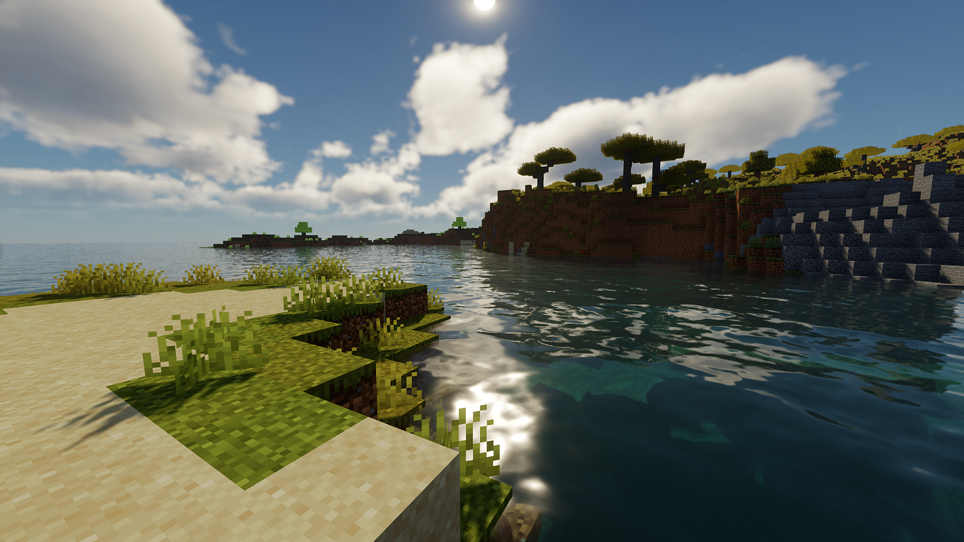 General 1920x1080 Minecraft video games beach water afternoon CGI sky clouds Sun cube trees