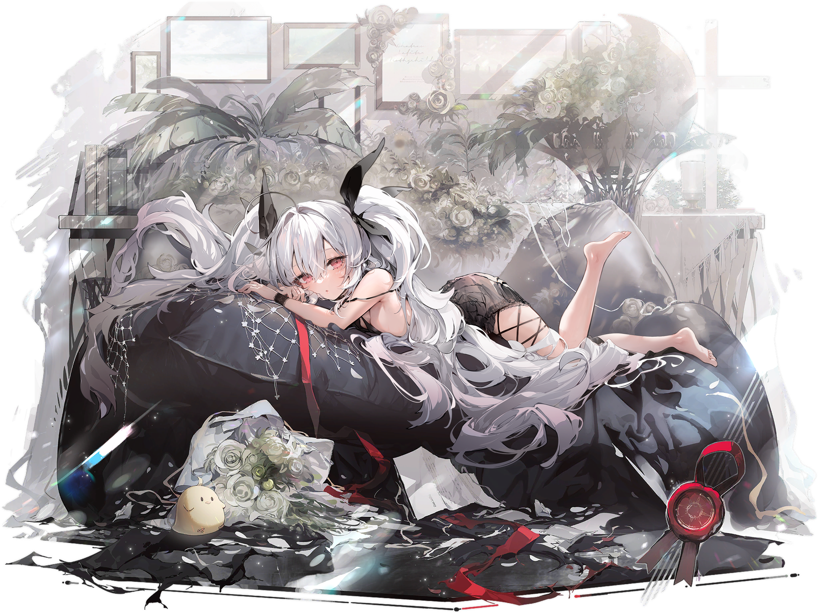 Anime 2607x1954 anime anime girls red eyes gray hair black dress red ribbon black ribbons feet lying on front flowers feet in the air twintails looking at viewer