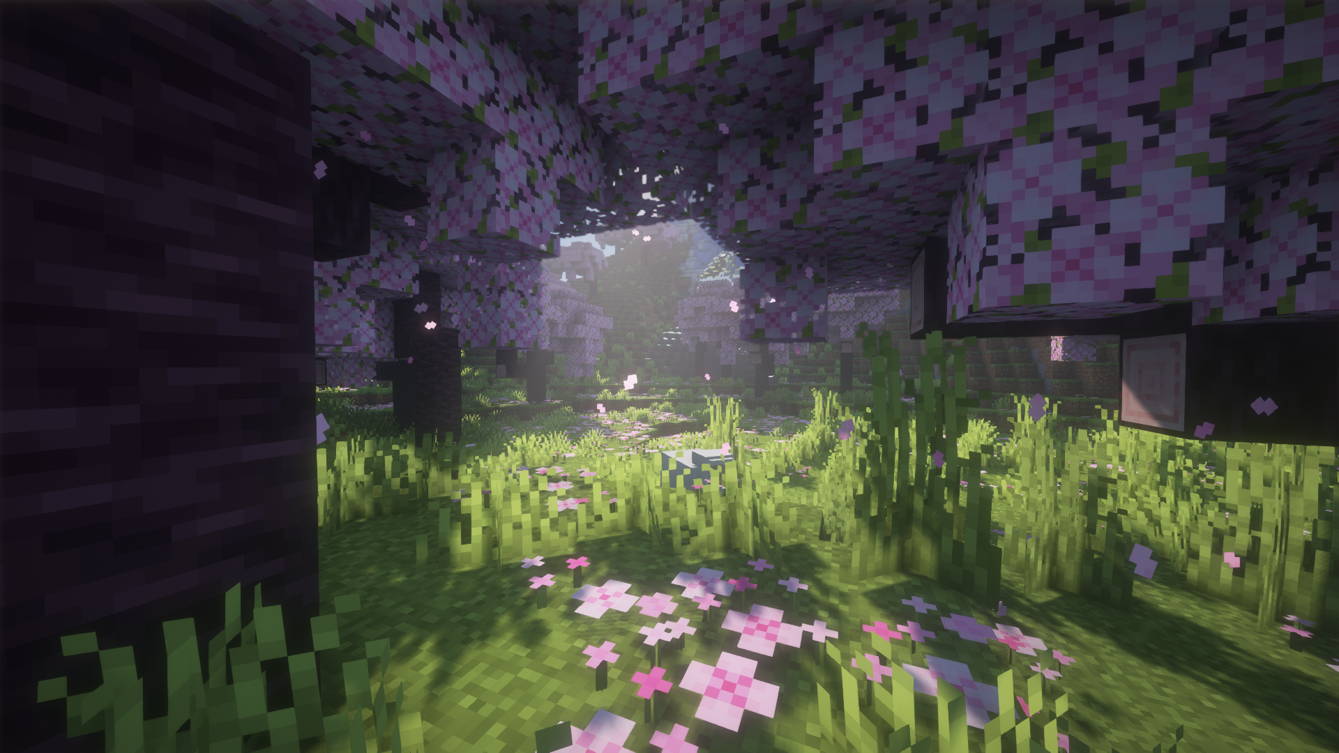 General 1920x1080 Minecraft shaders anime video games CGI cube trees flowers sunlight