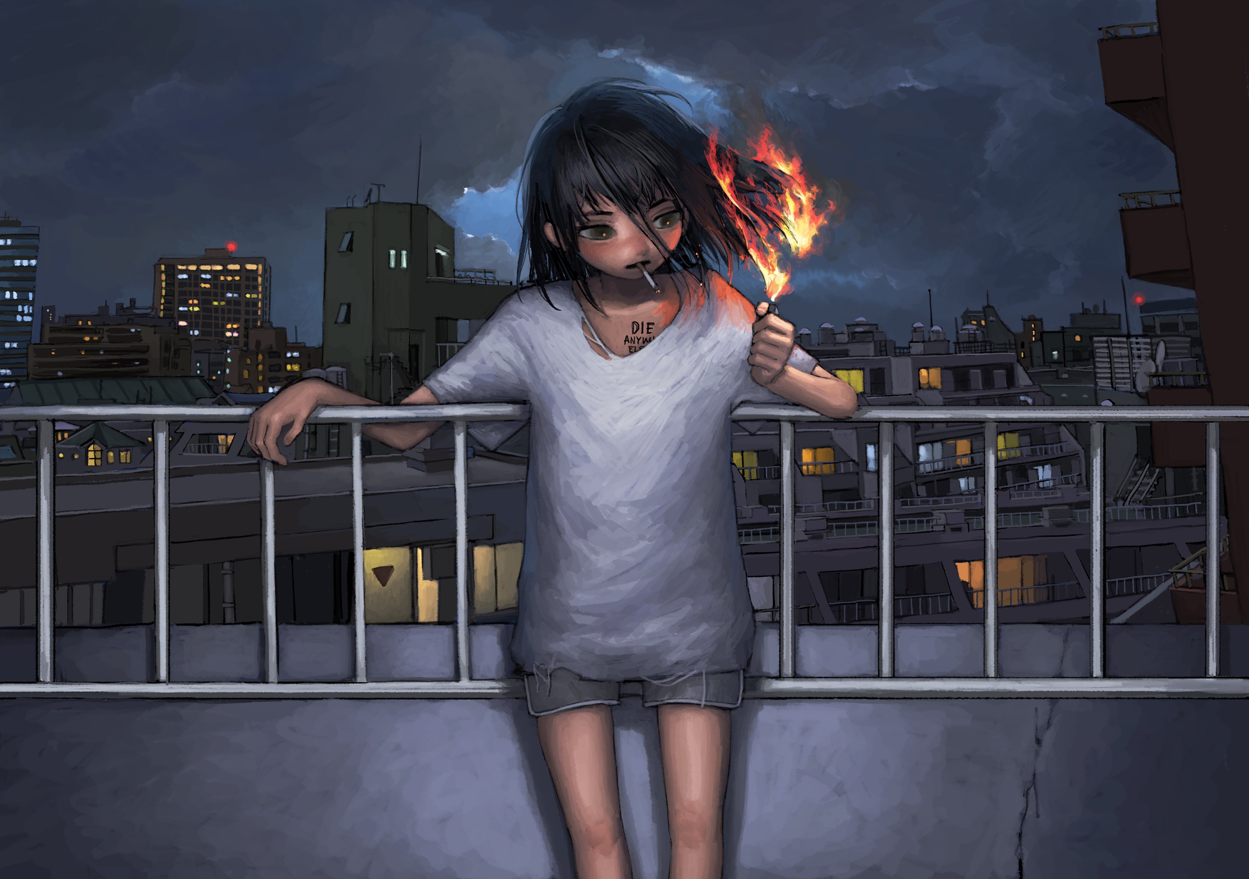 Anime 4096x2882 burning shorts T-shirt building night anime girls smoking thighs cigarettes fire lighter clouds city lights city